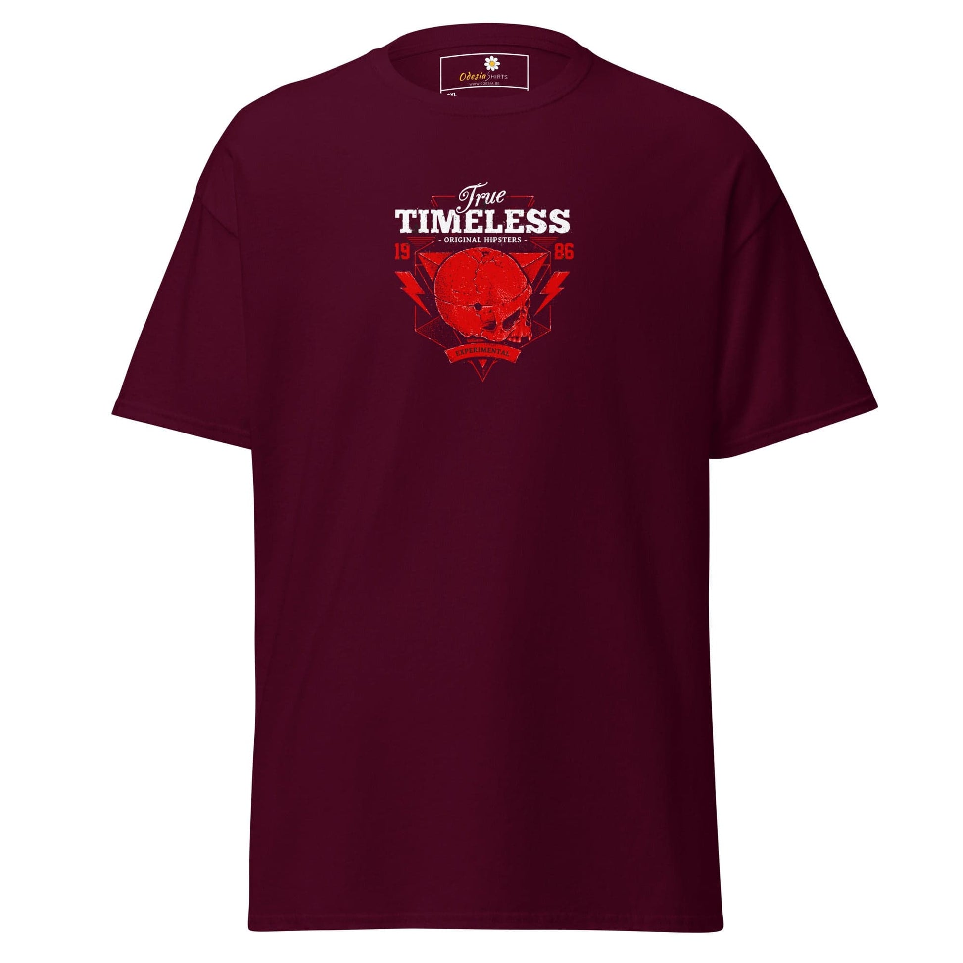 Maroon T-shirt with skull graphic for Men and Women in sizes 2XL to 5XL