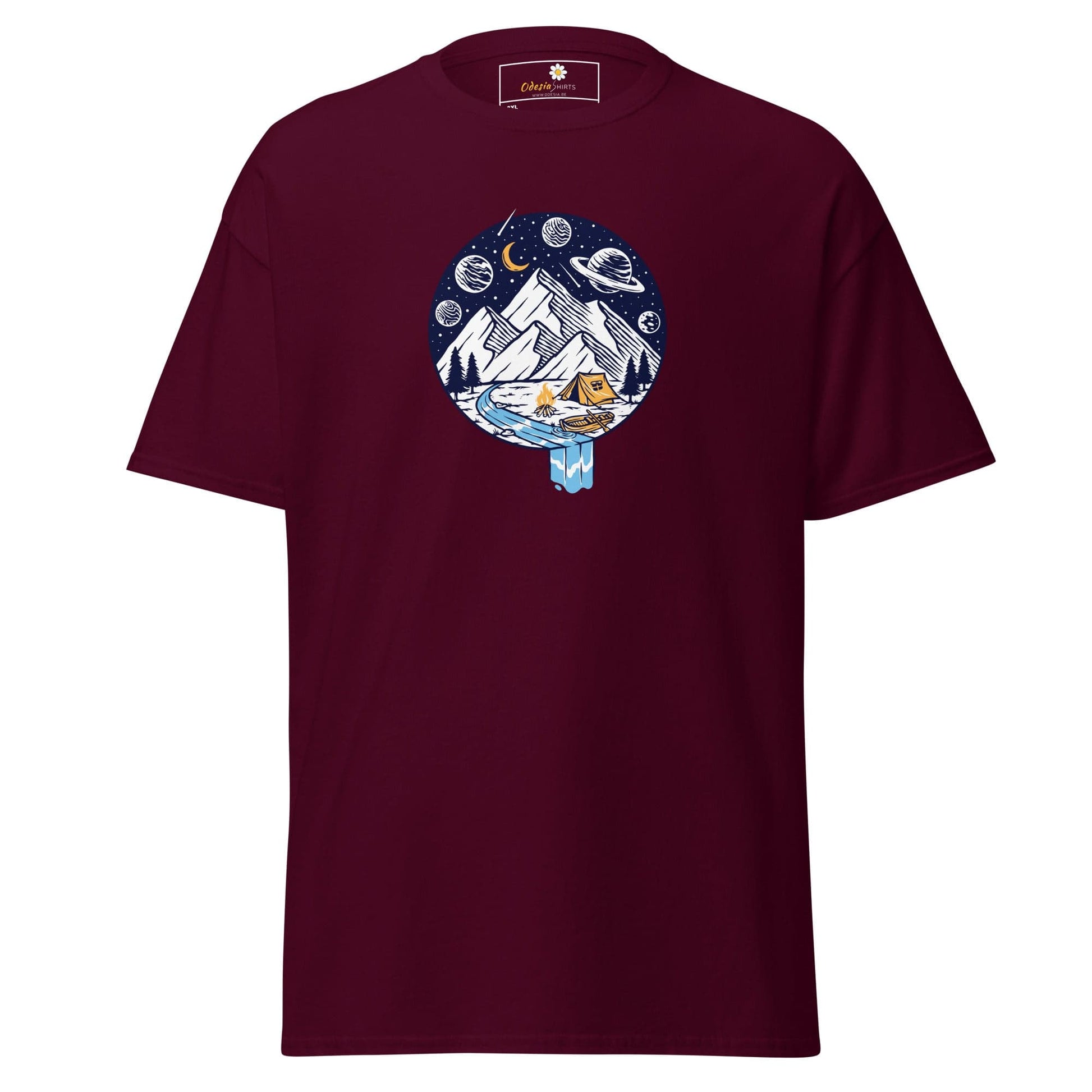 Maroon t-shirt with a circular mountain and space graphic.