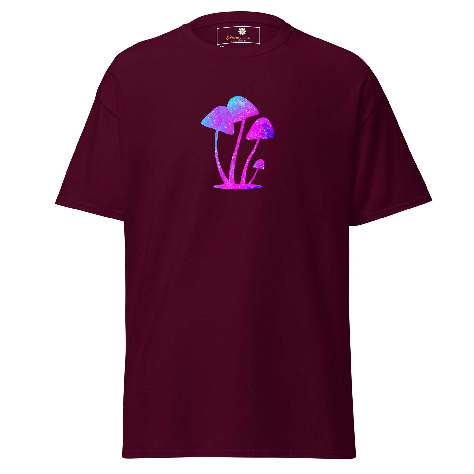 Maroon t-shirt with mushroom graphic.