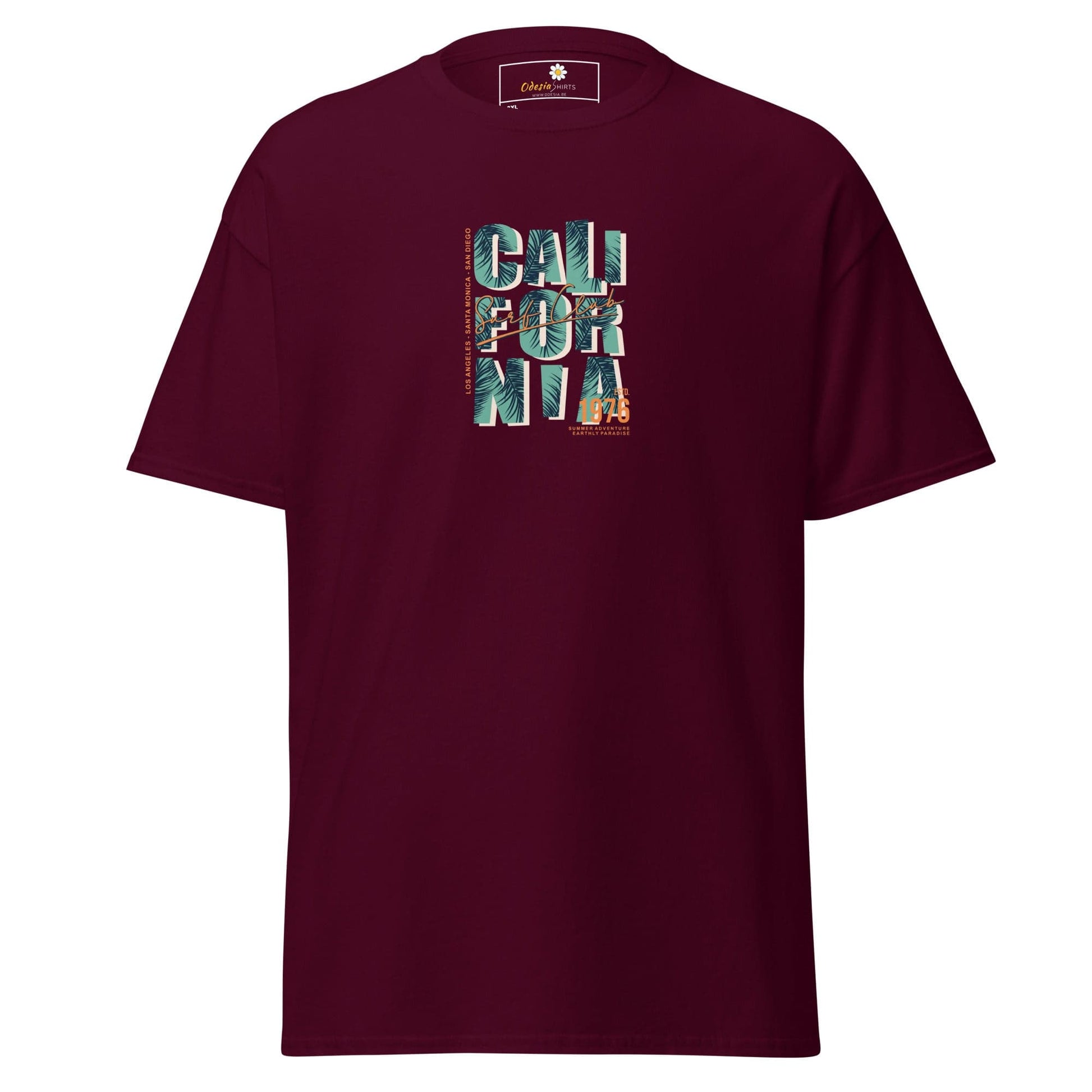 Maroon t-shirt with ’California’ graphic.