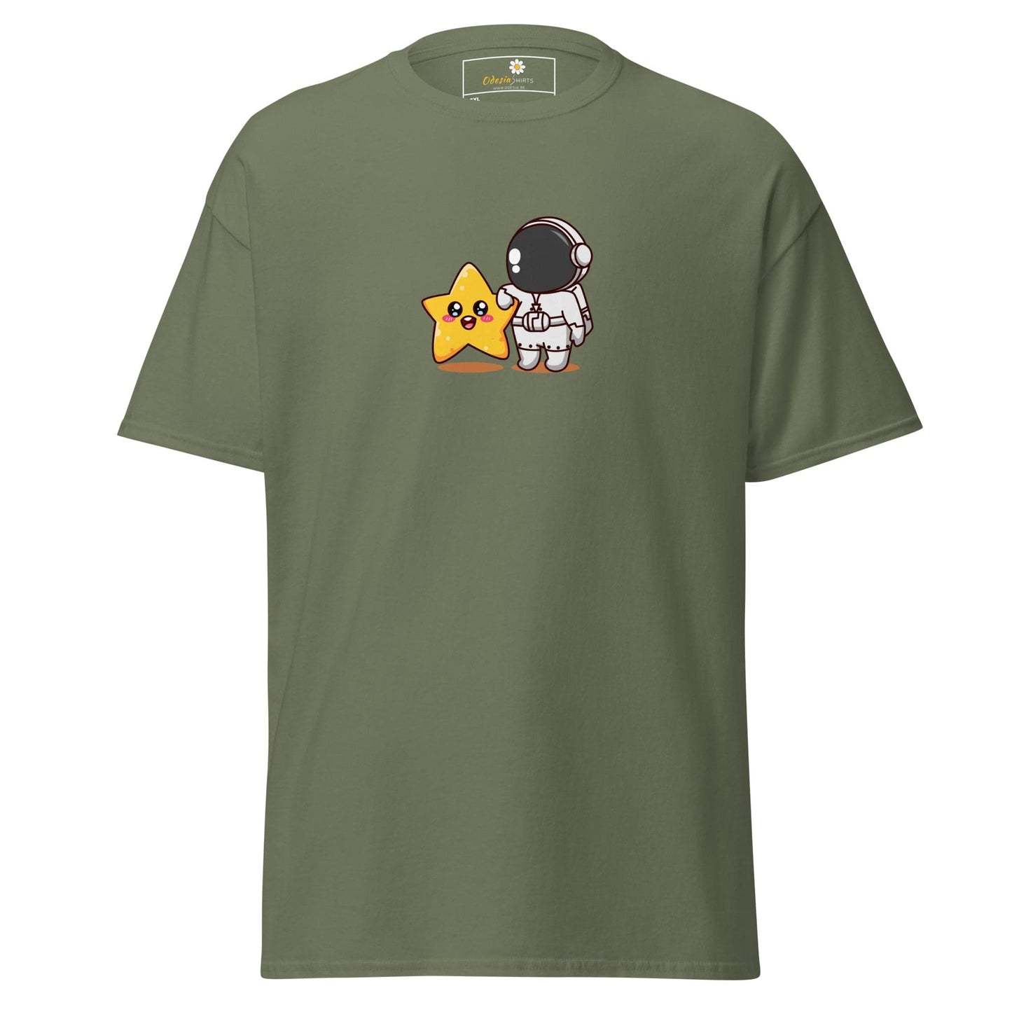 Olive green t-shirt with astronaut and star graphic.