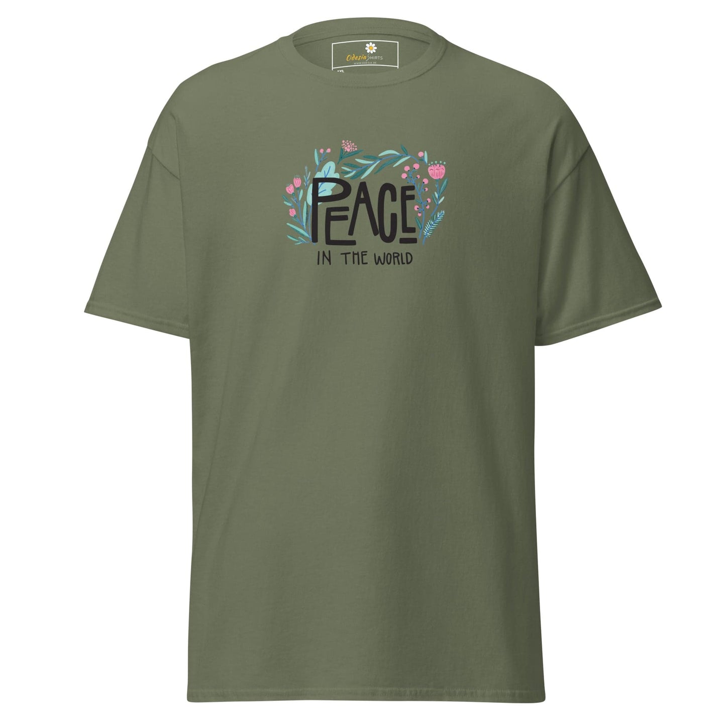 Olive green T-shirt with Peace in the World graphic for men and women sizes 2XL to 5XL