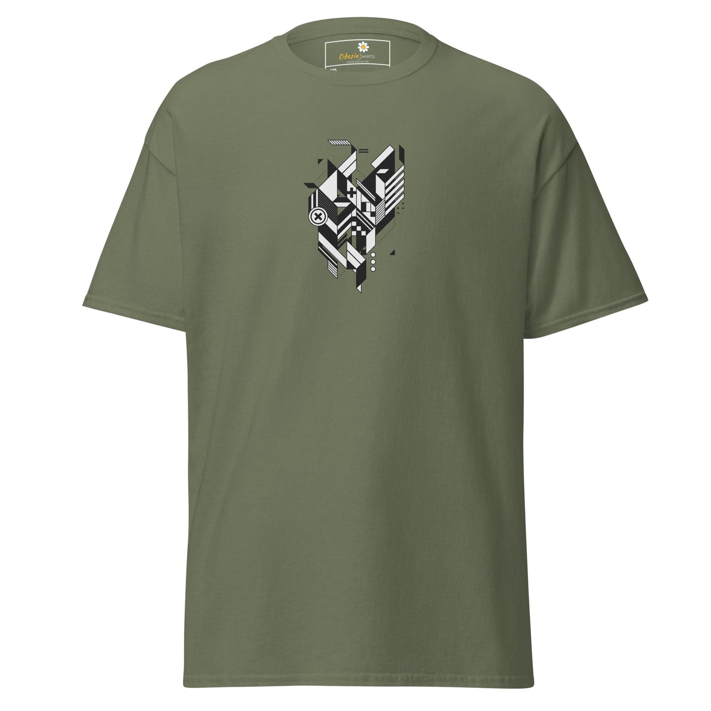 Olive green t-shirt with geometric design.