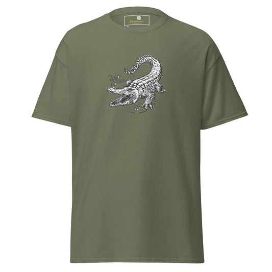 Olive green t-shirt with crocodile graphic.
