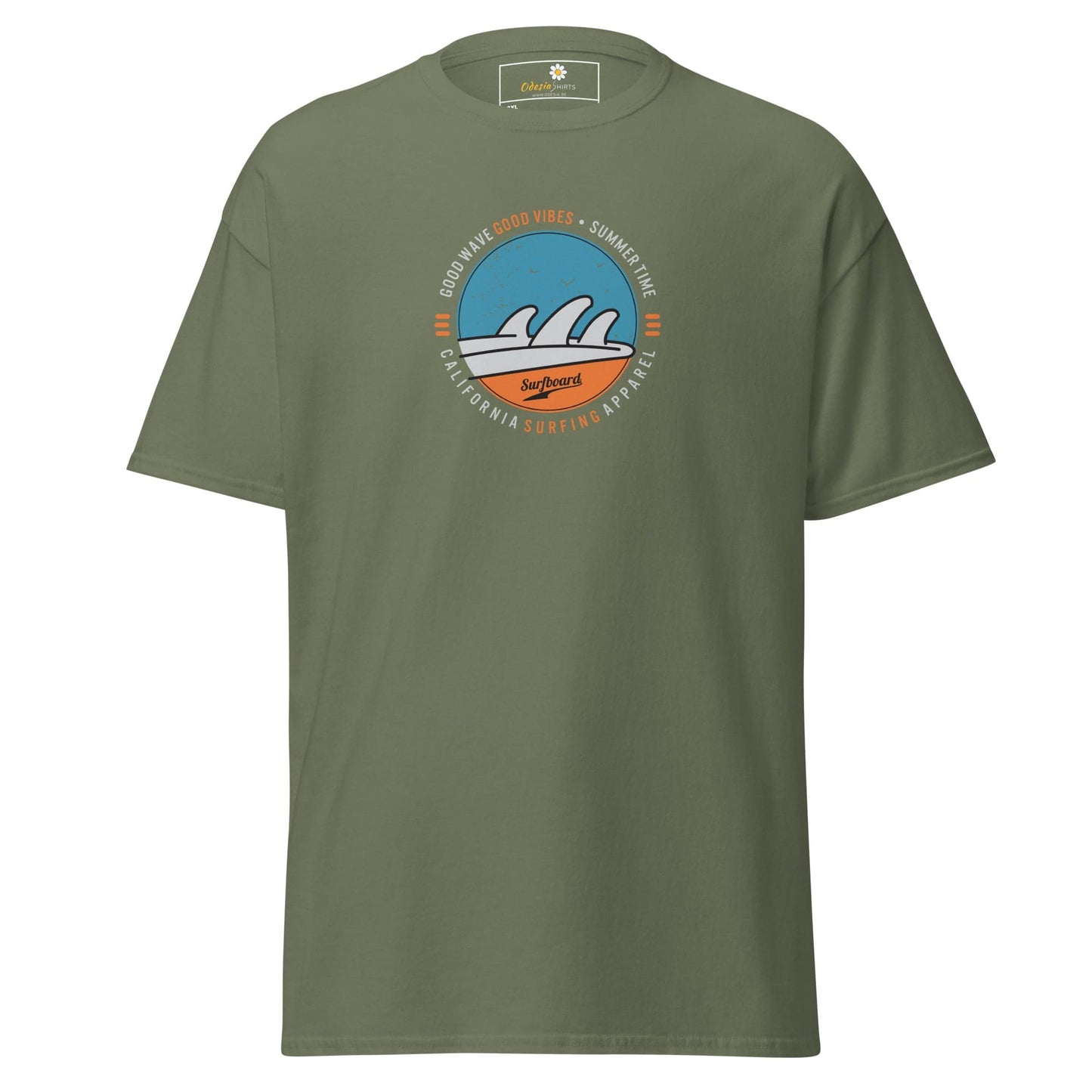 Olive green t-shirt with a circular surfing graphic.