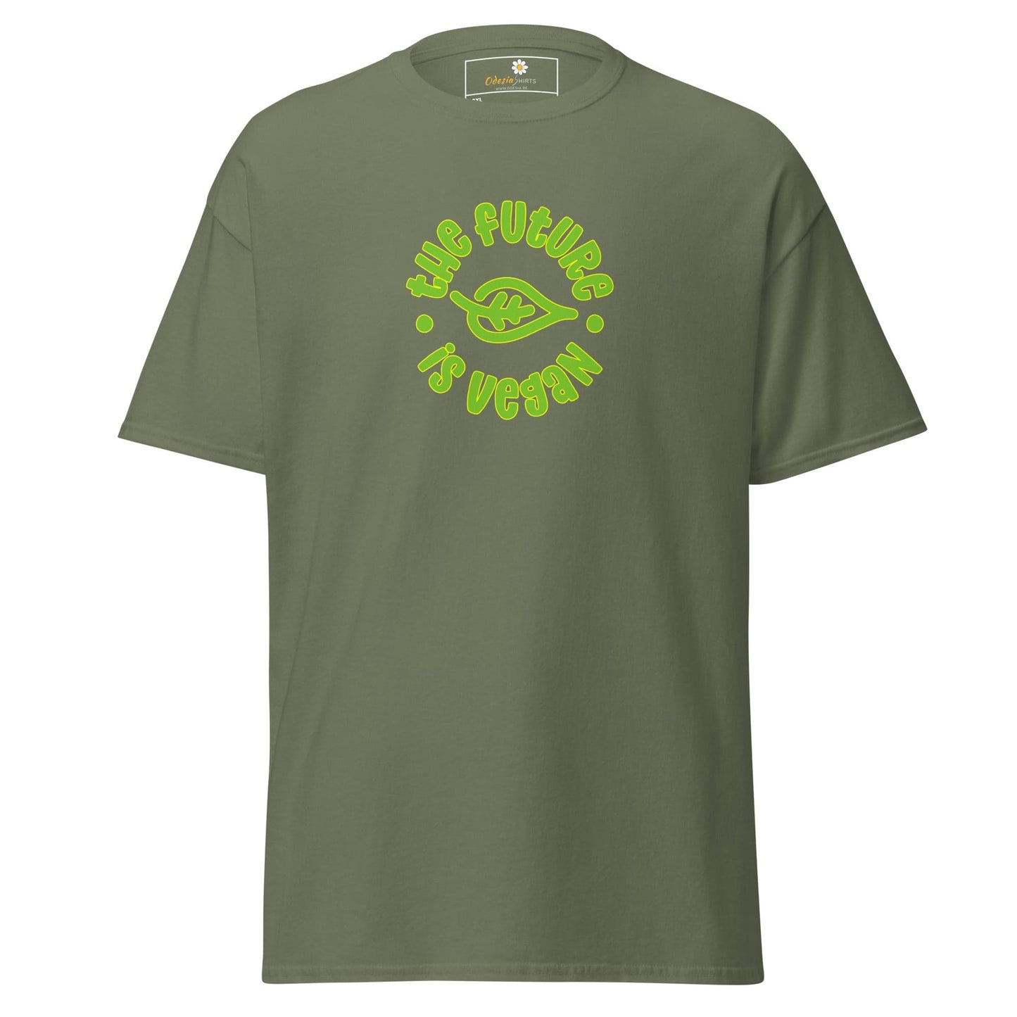 Olive green t-shirt with vegan message.