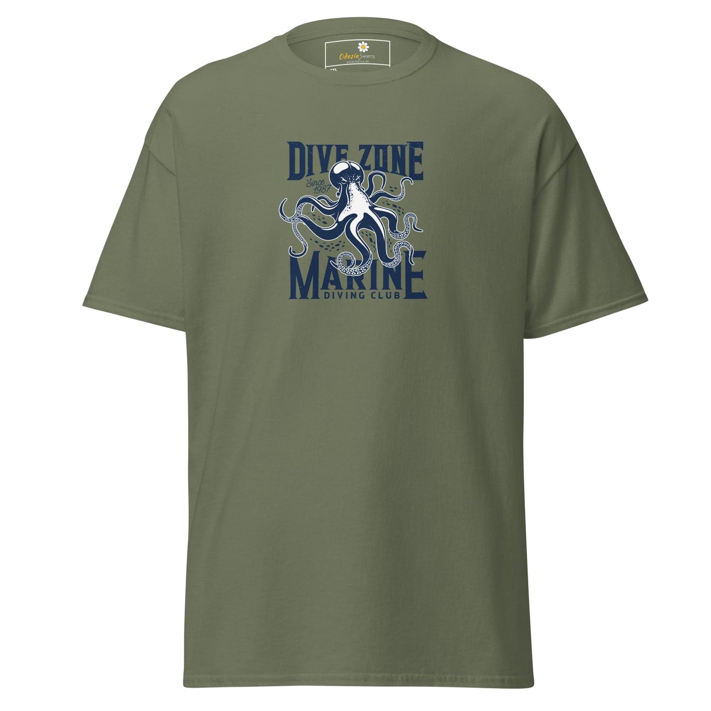 Olive green t-shirt with octopus graphic.