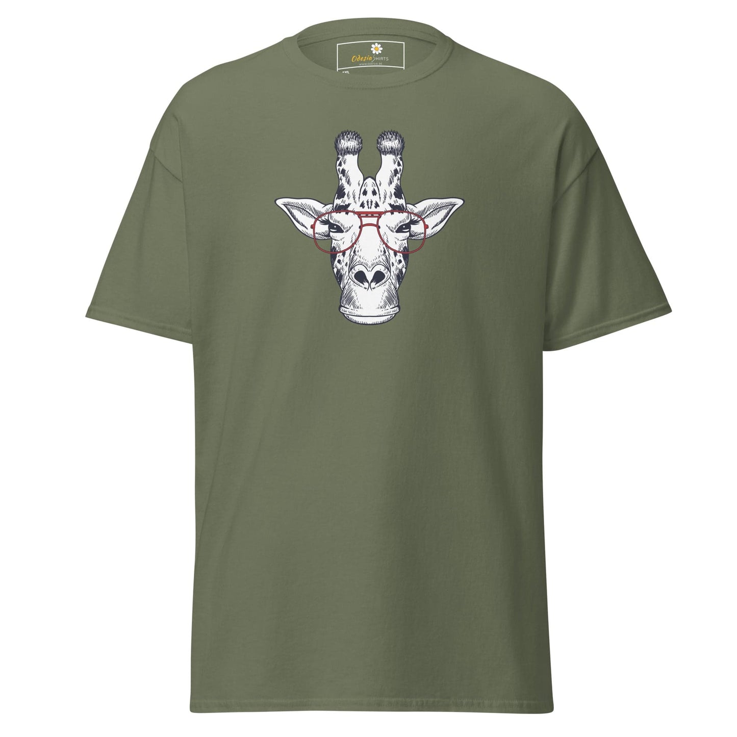 Olive green T-shirt with giraffe graphic, men’s and women’s sizes 2XL to 5XL
