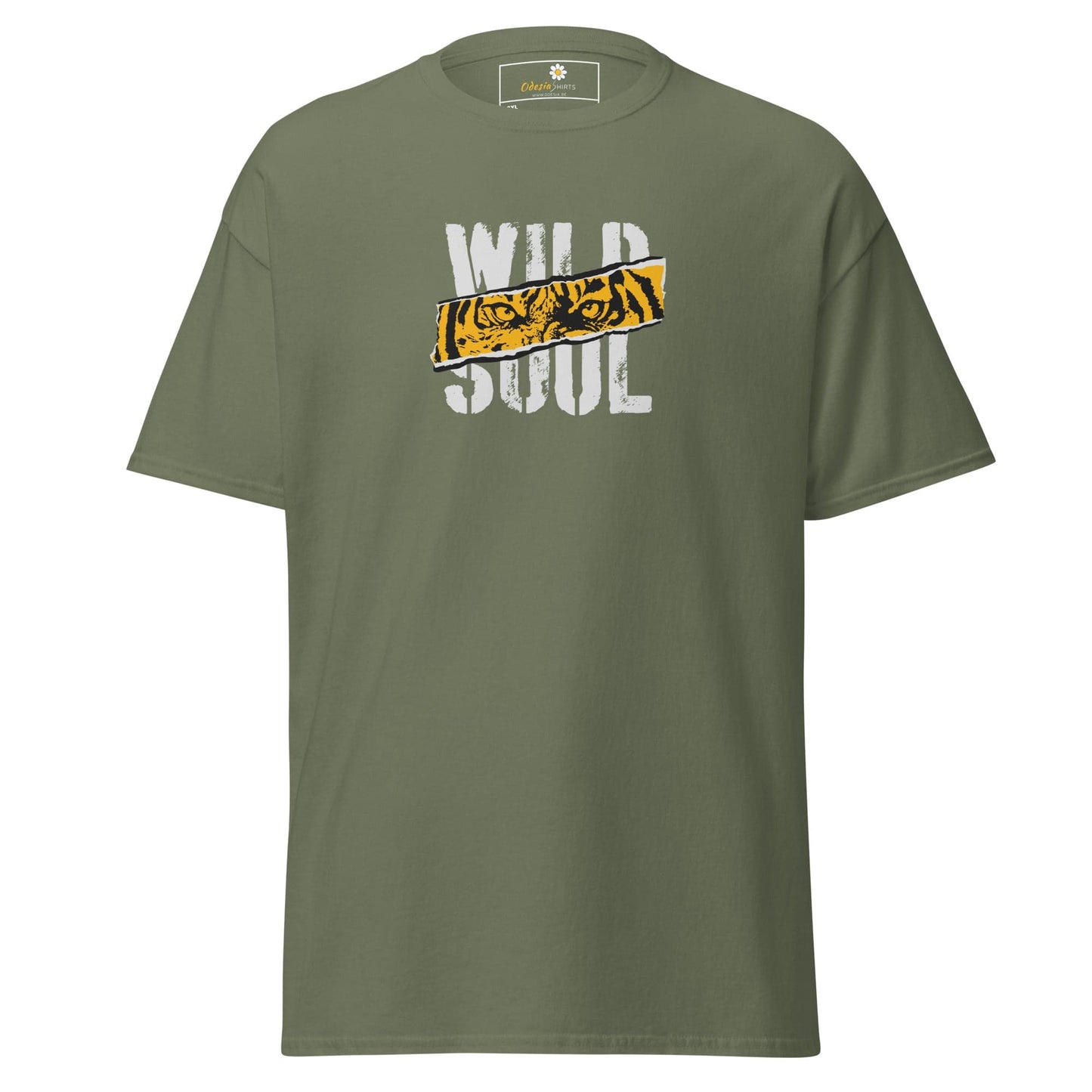 Olive green t-shirt with ’Wild Soul’ graphic.