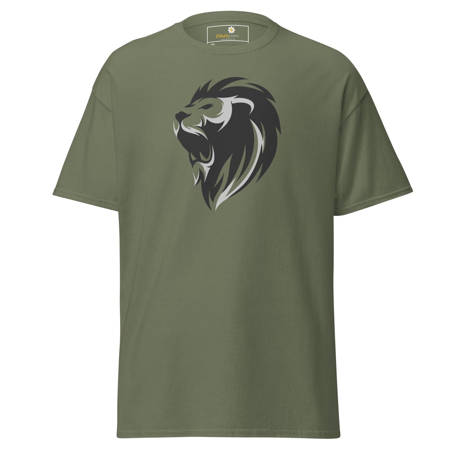 Olive green T-shirt featuring a lion graphic from T-SHIRT DESIGN TEE for men and women