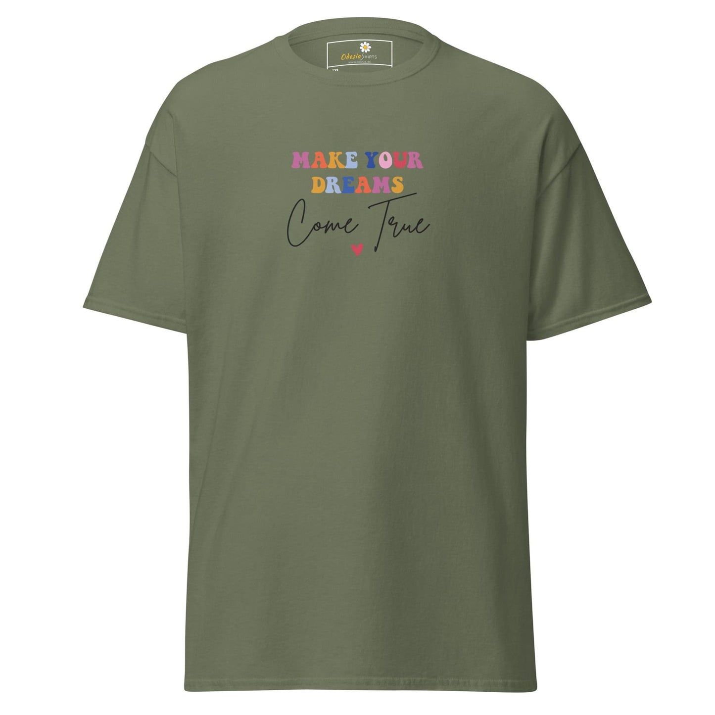 Olive green t-shirt with colorful text.