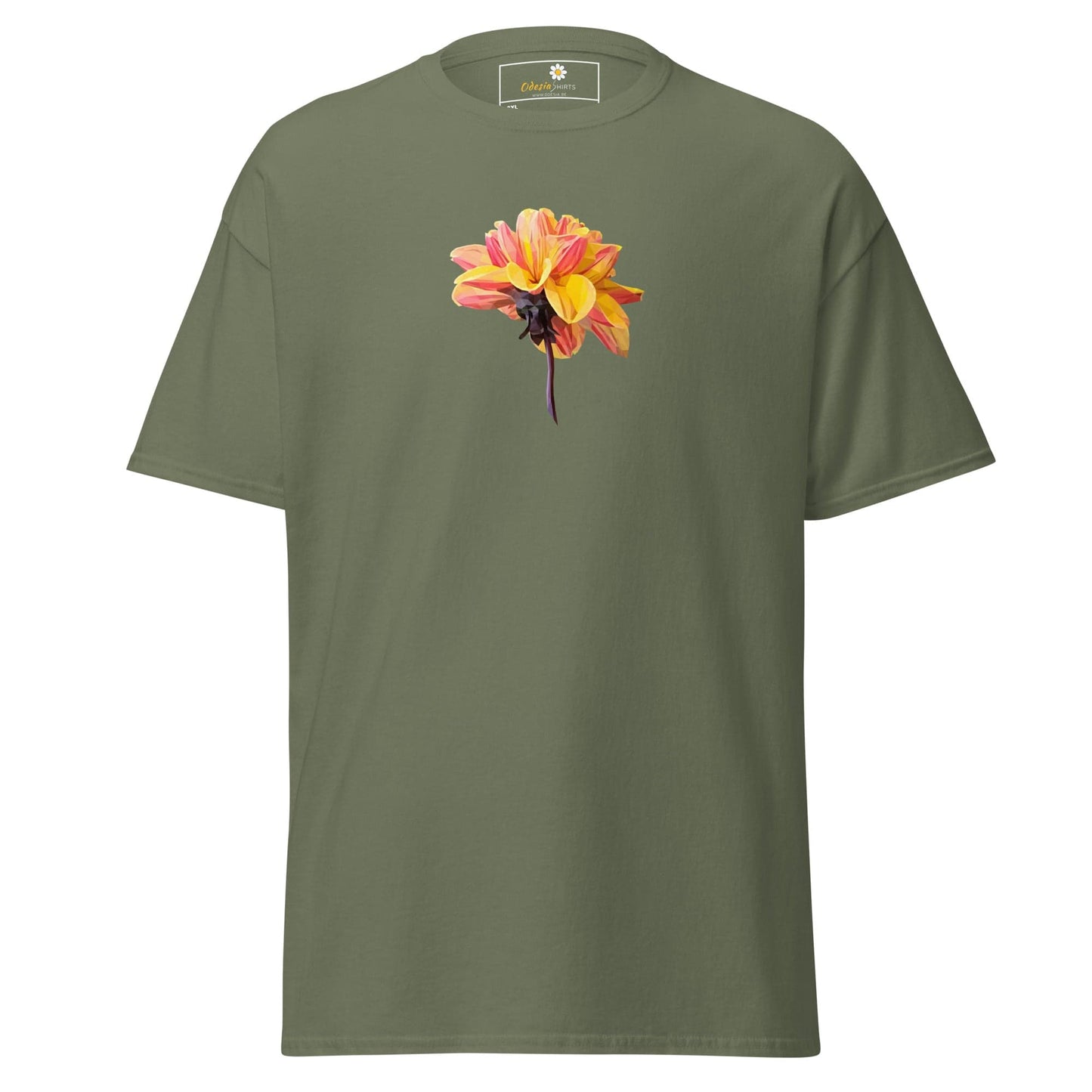 Olive green t-shirt with flower graphic.