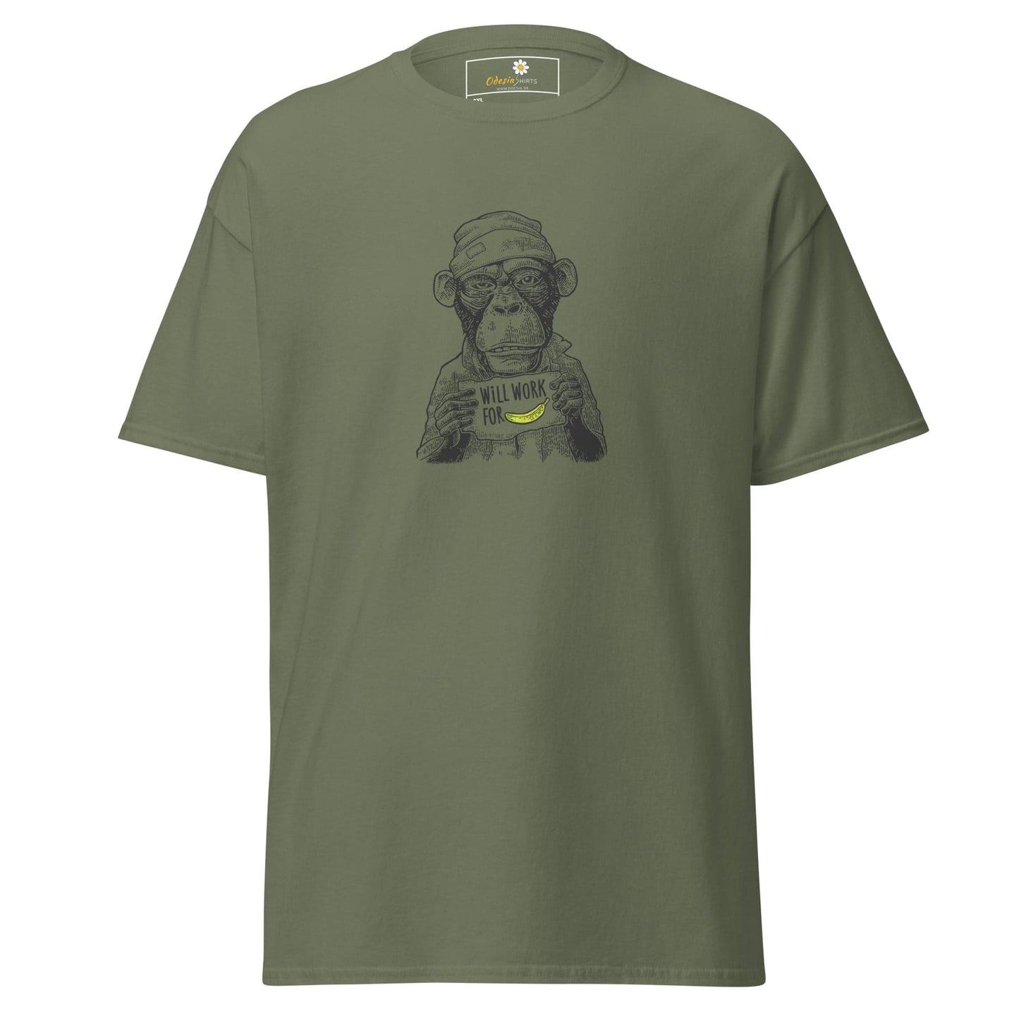 Olive green T-shirt with monkey graphic for men and women in sizes 2XL to 5XL