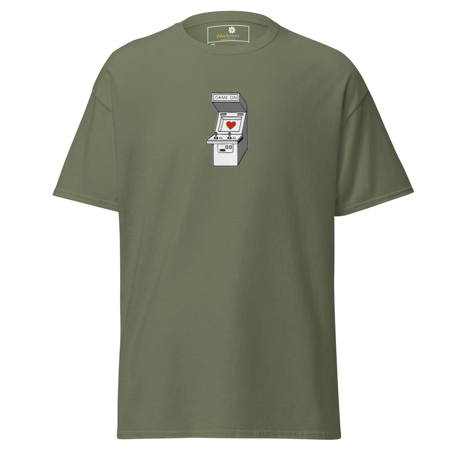 Olive green T-shirt with arcade game graphic for men and women in 2XL to 5XL sizes