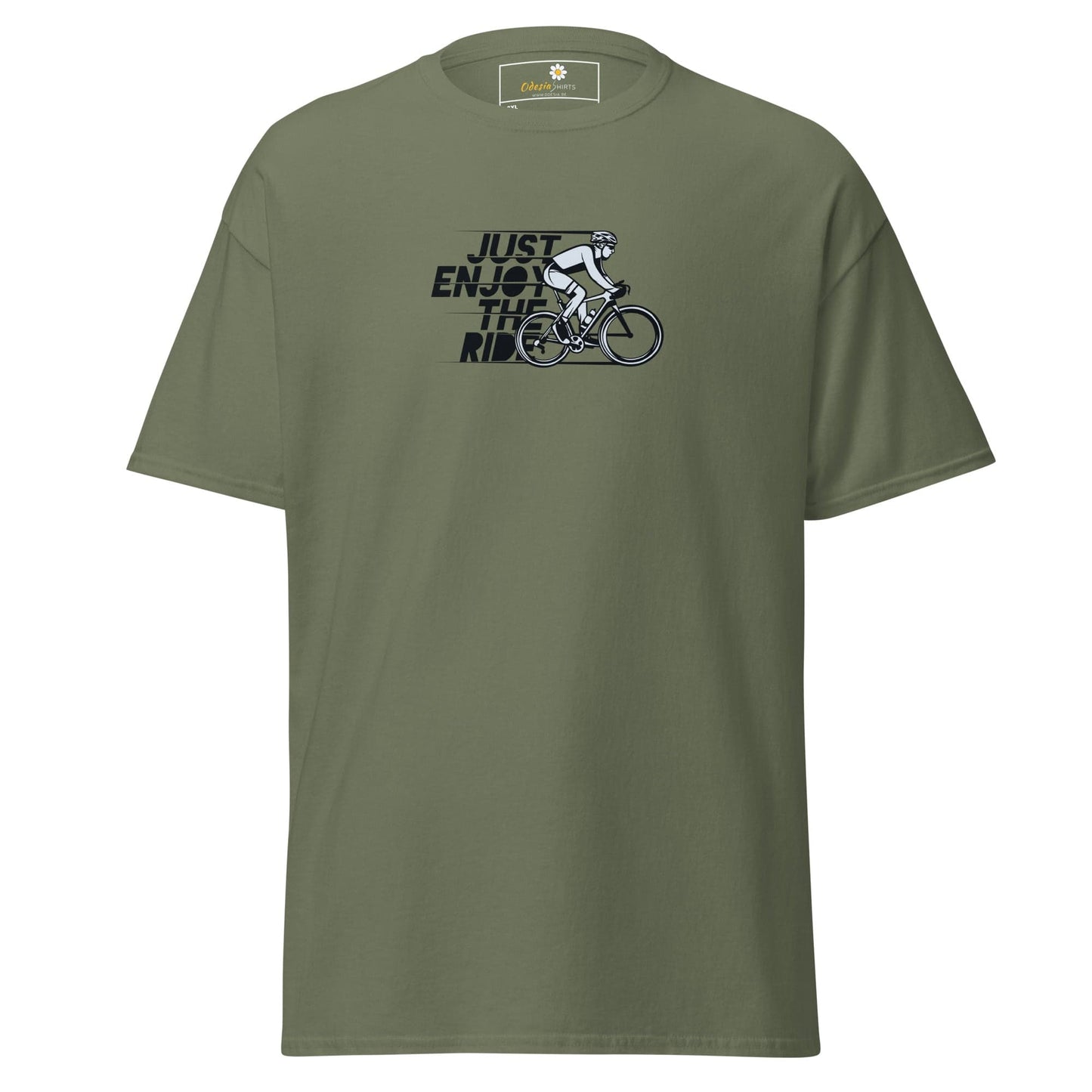 Olive green T-shirt with cyclist graphic for men and women sizes 2XL to 5XL