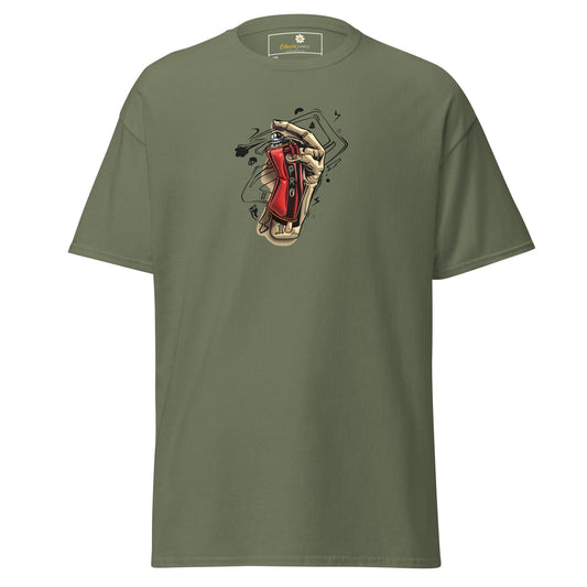 Olive green t-shirt with graphic.