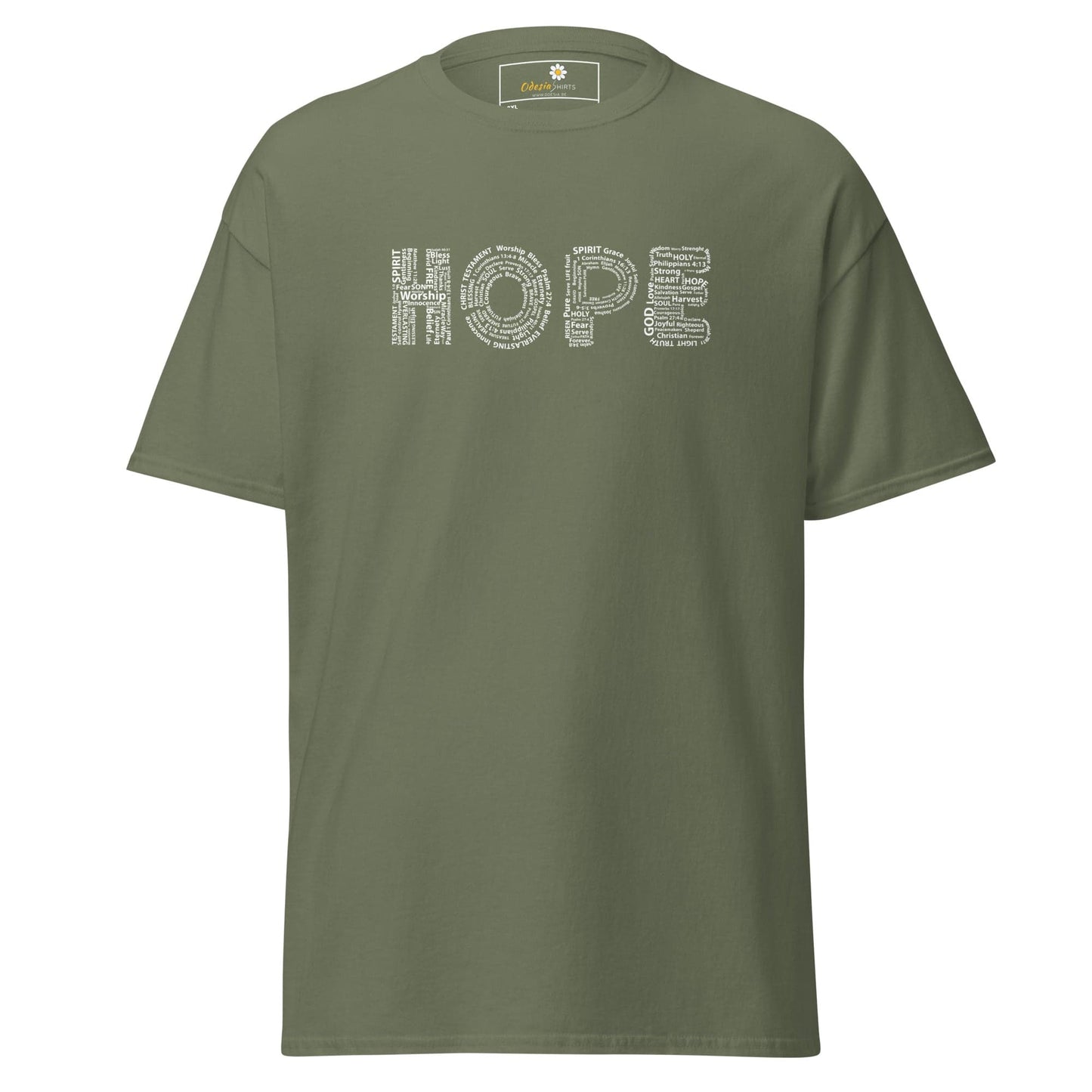 Olive green t-shirt with ’HOPE’ text.