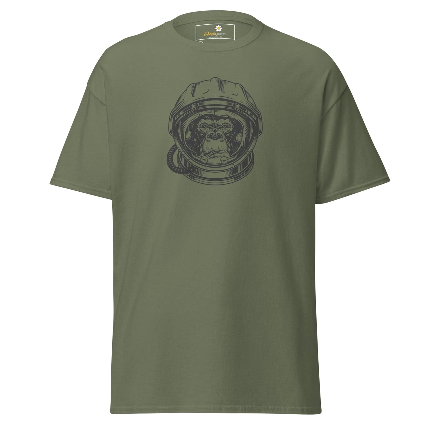 Olive green T-shirt featuring an astronaut monkey graphic for men and women in sizes 2XL to 5XL