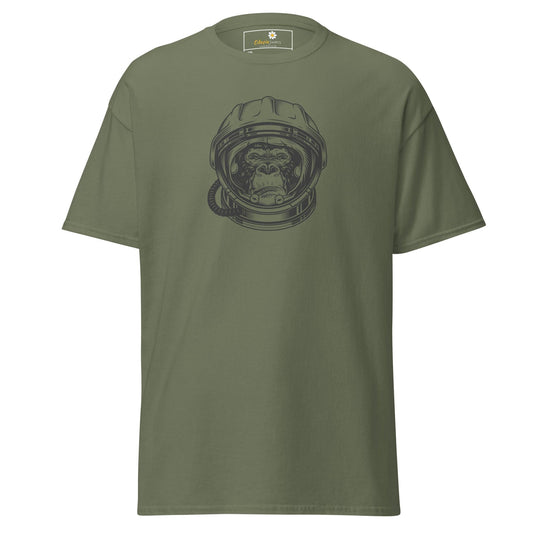 Olive green T-shirt featuring an astronaut monkey graphic for men and women in sizes 2XL to 5XL