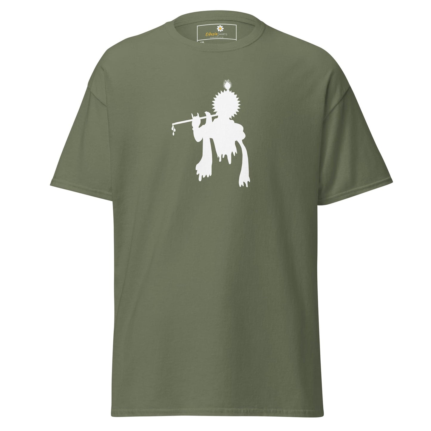 Olive green T-shirt with white Krishna graphic for men and women in sizes 2XL to 5XL