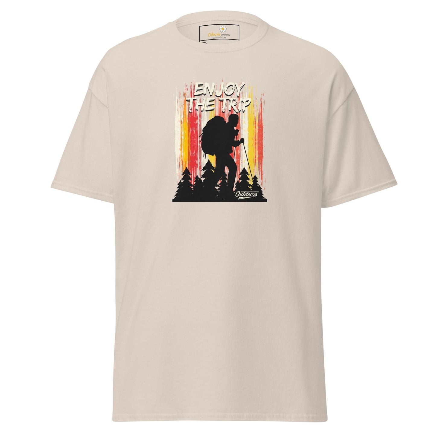 Beige t-shirt with hiker graphic.