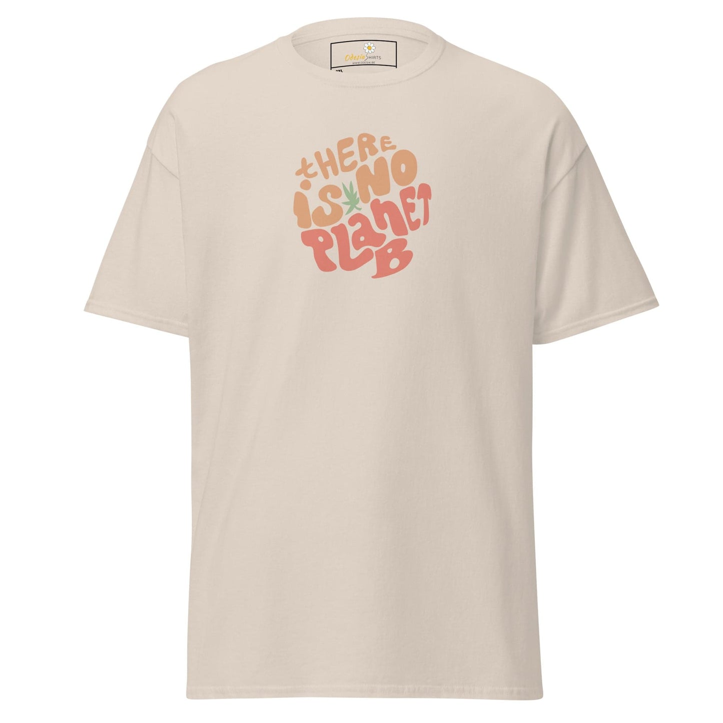 Beige t-shirt with ’There is no planet B’ graphic.