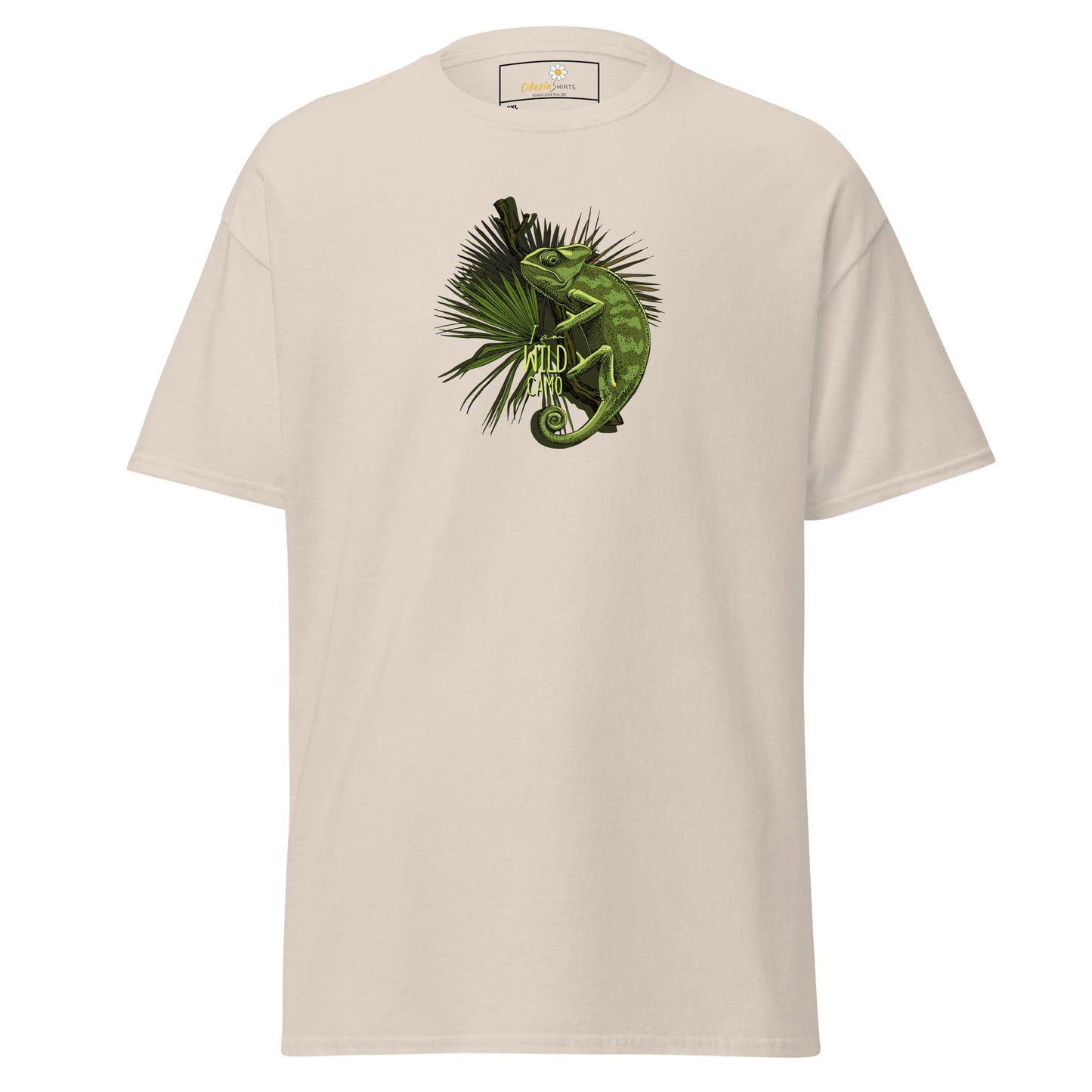 Beige t-shirt with chameleon graphic.