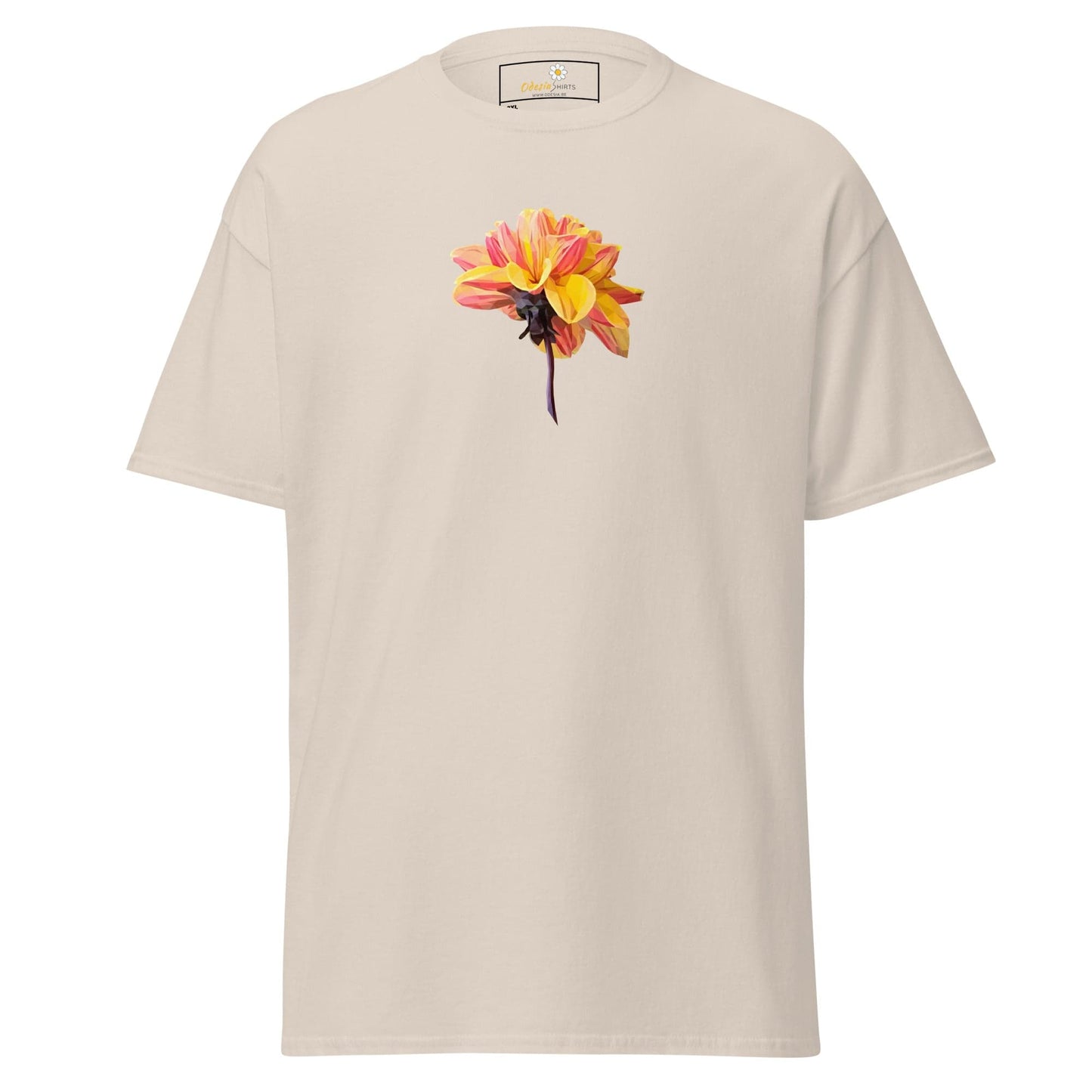 Beige t-shirt with flower graphic.