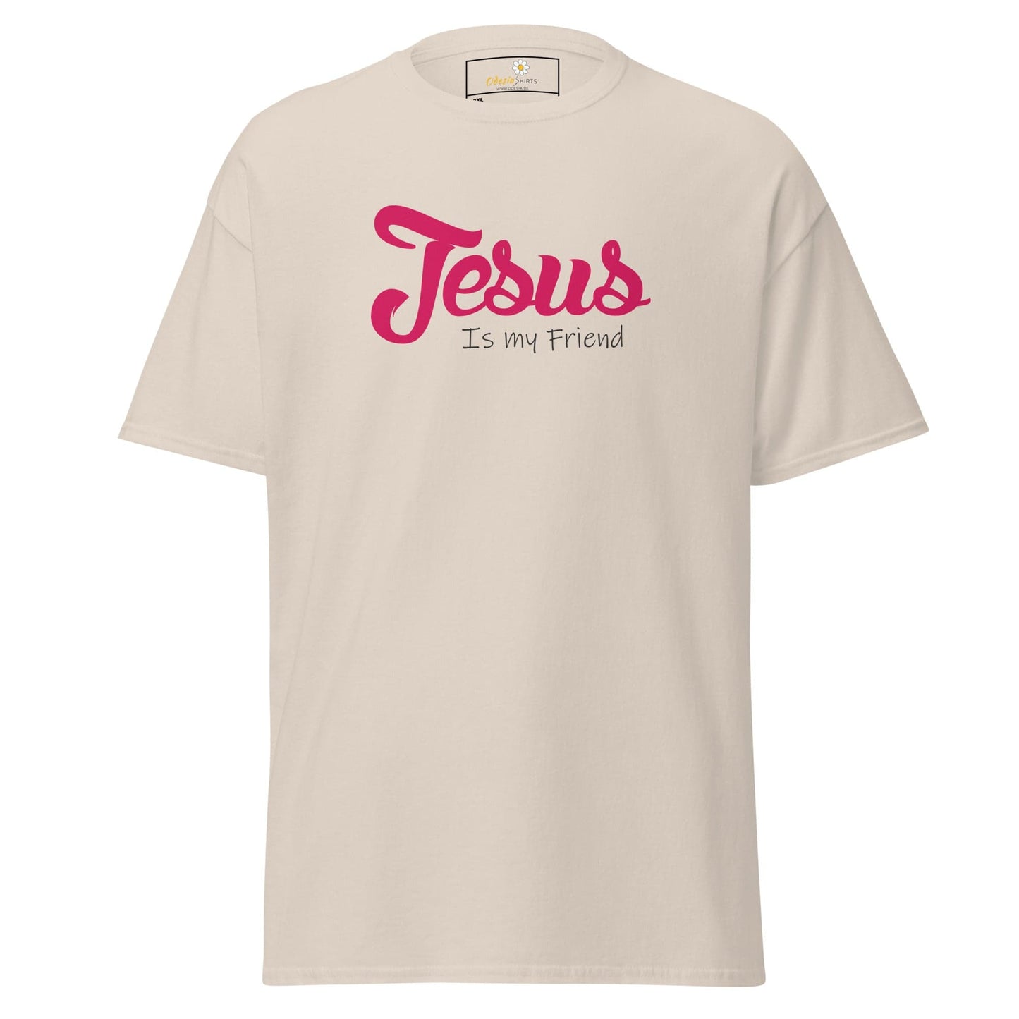 Beige t-shirt with pink ’Jesus is my friend’ text.
