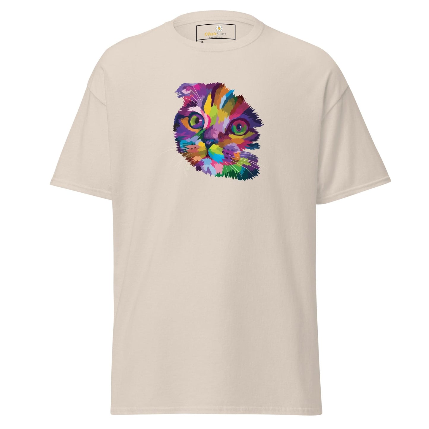 Beige T-shirt with colorful cat graphic for MEN / WOMEN available in 2XL to 5XL