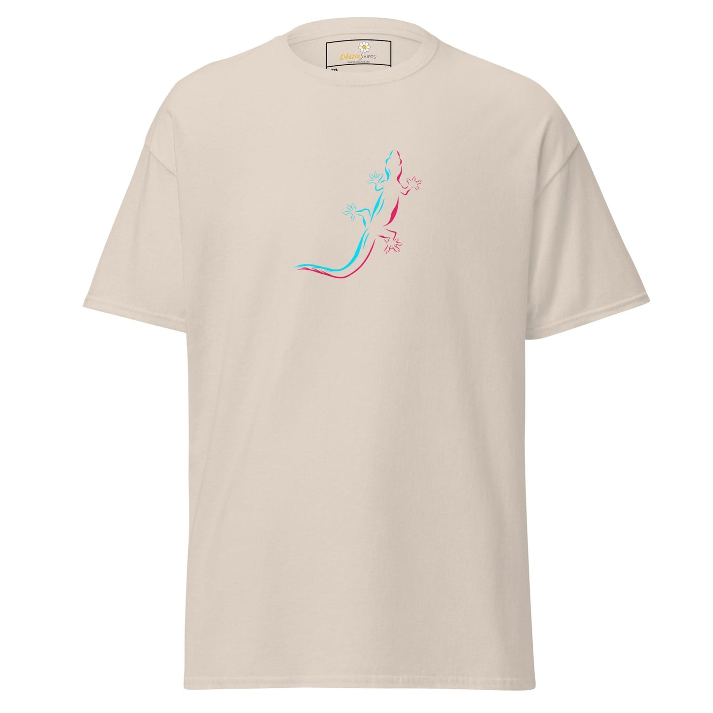 Beige t-shirt with lizard design.