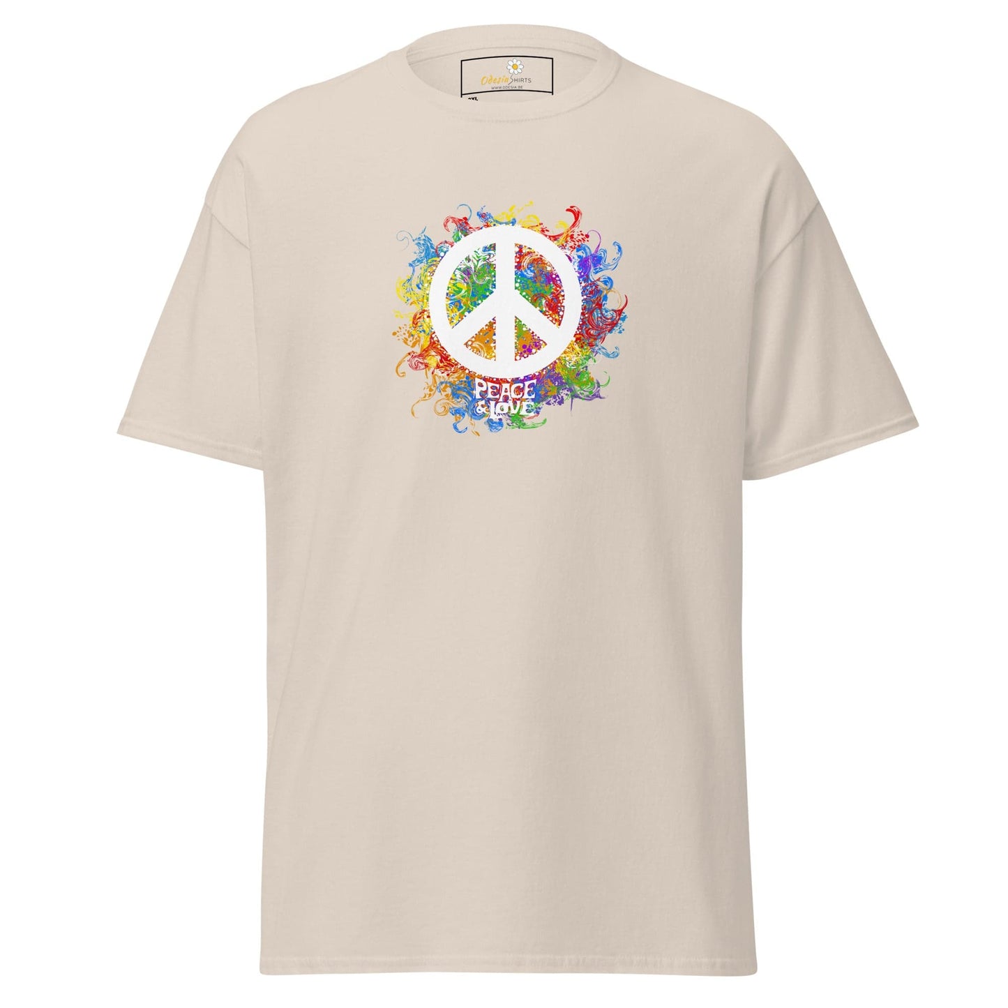 Beige T-shirt featuring peace symbol design for men and women in sizes 2XL to 5XL