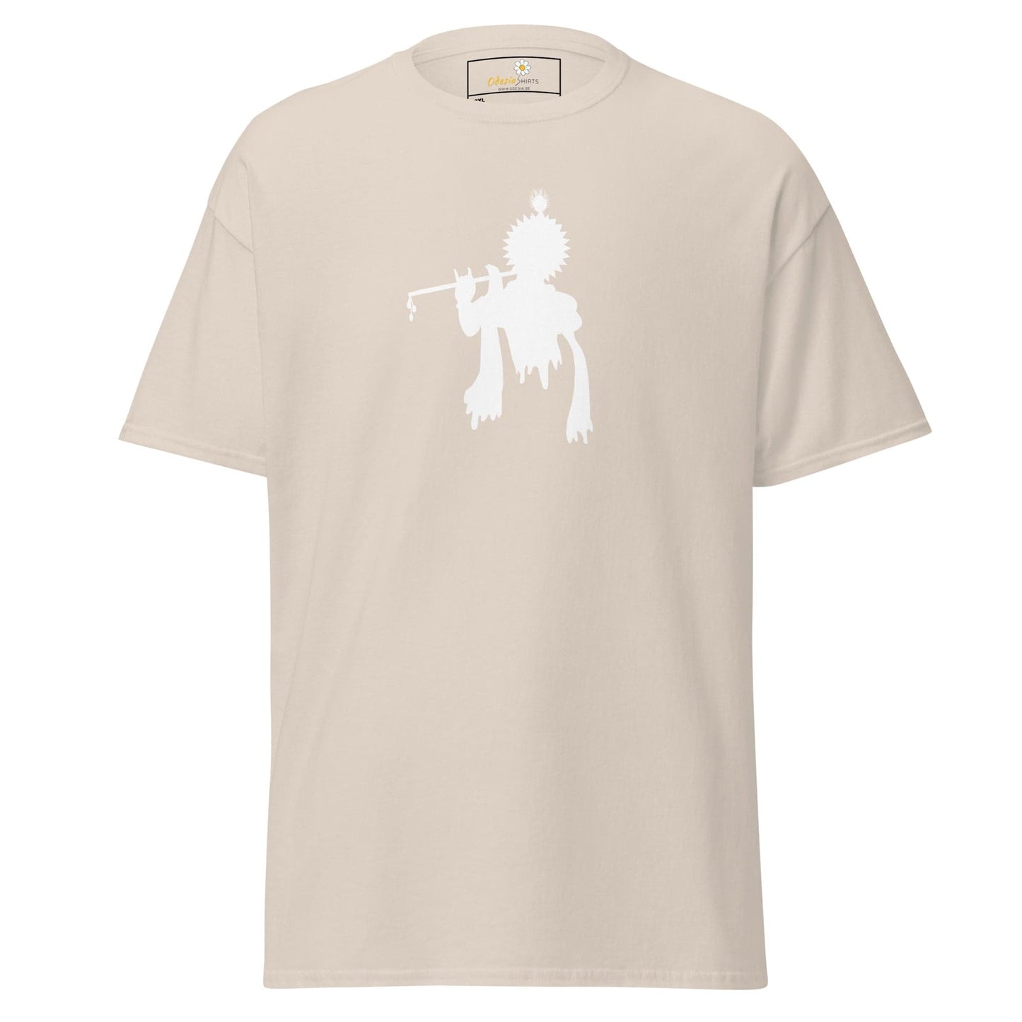 Beige T-shirt with white Krishna graphic, designed for men and women in 2XL to 5XL