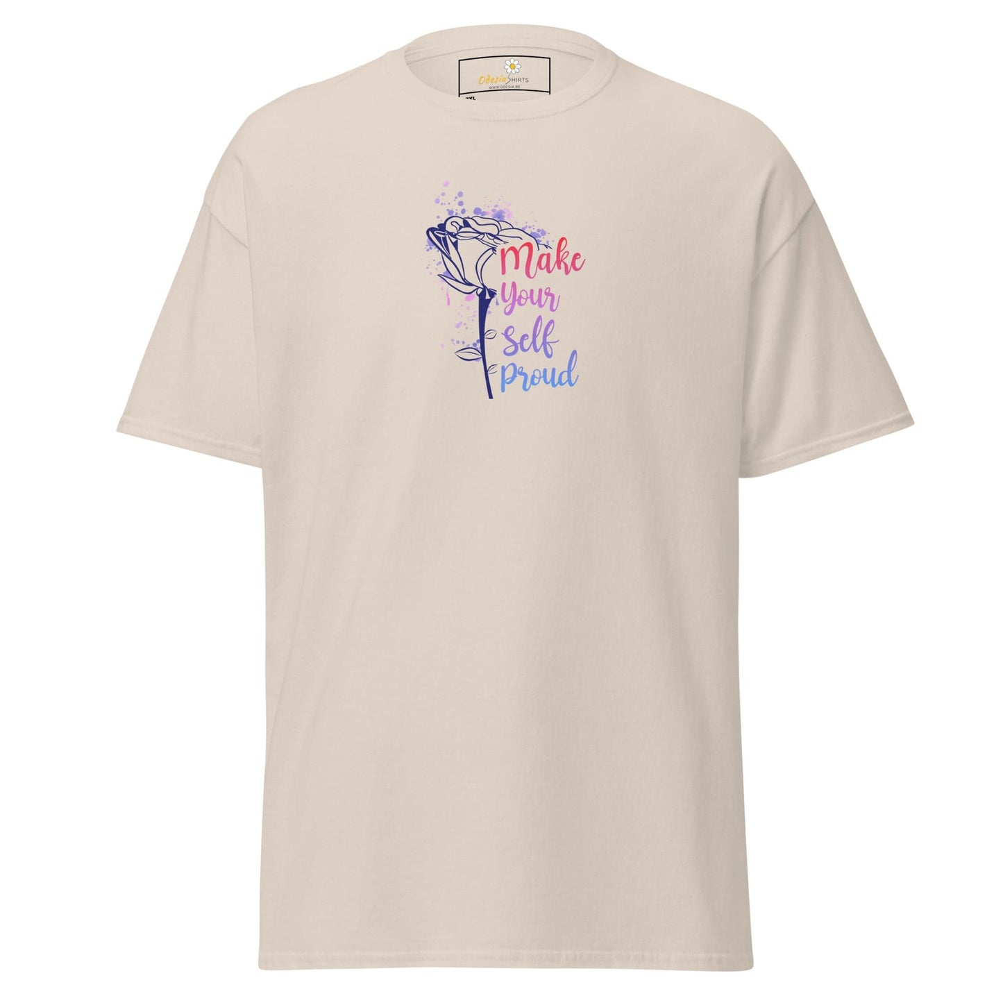 Beige t-shirt featuring a rose graphic and text from T-SHIRT DESIGN TEE collection