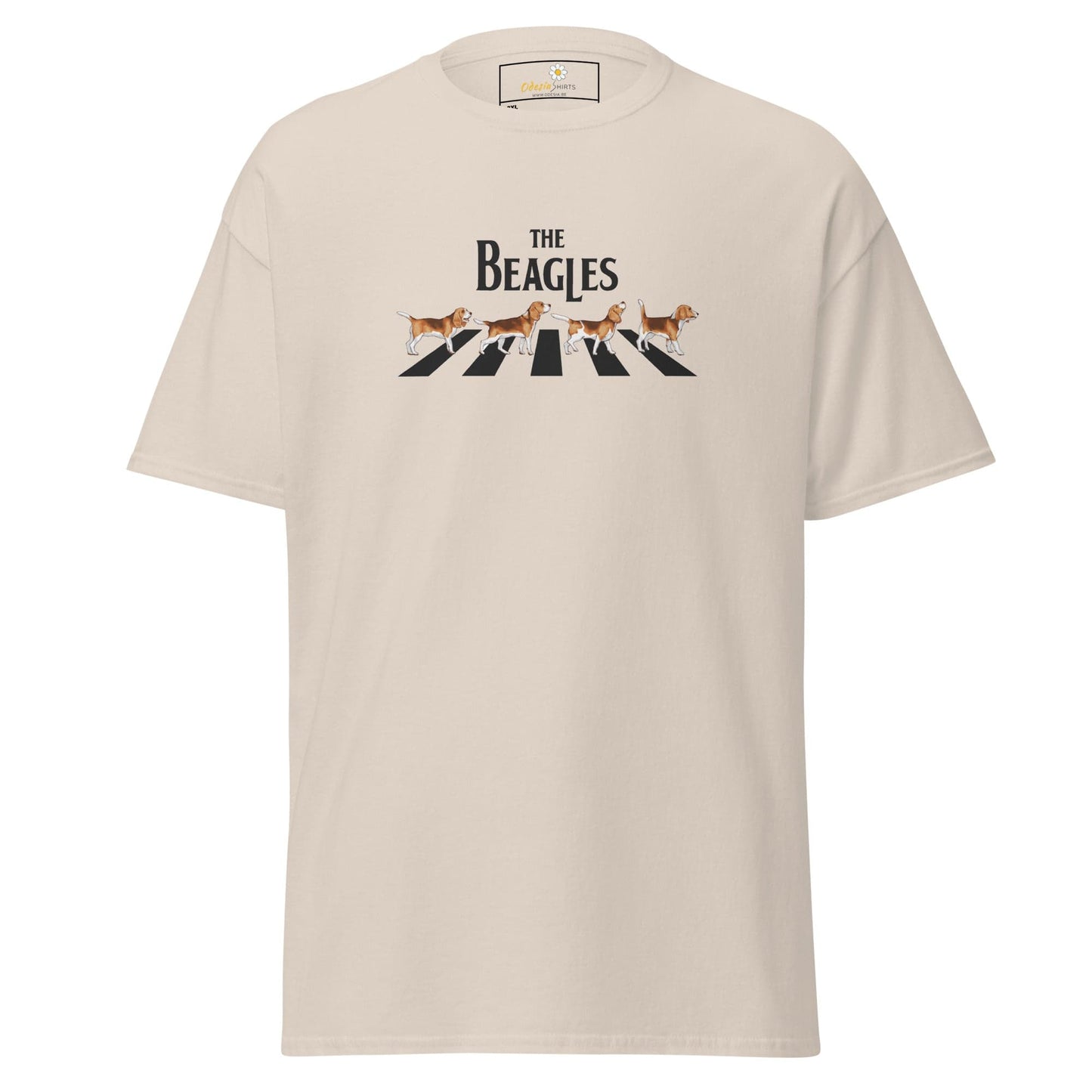 Beige t-shirt with ’The Beagles’ graphic.