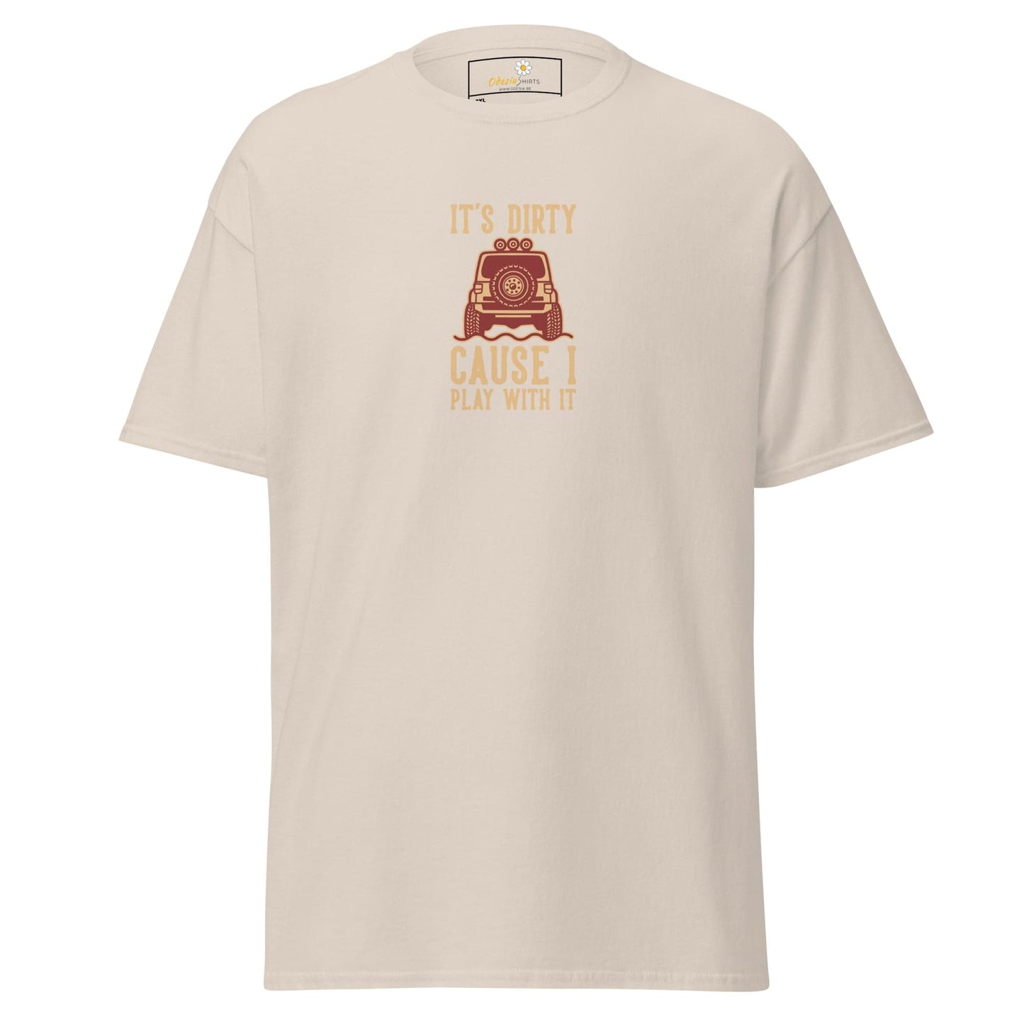 Beige t-shirt with off-road vehicle graphic.