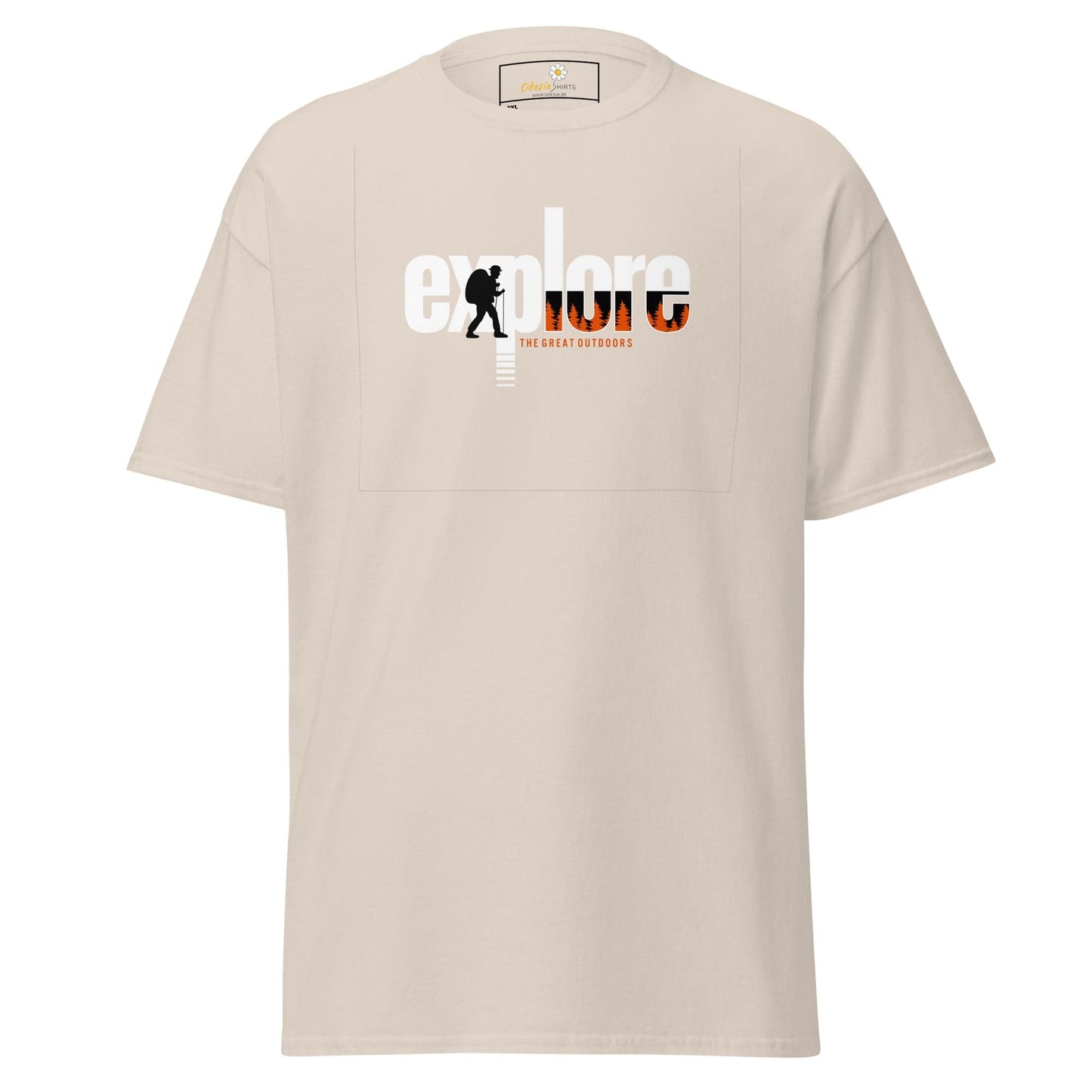 Beige t-shirt with ’explore’ graphic.