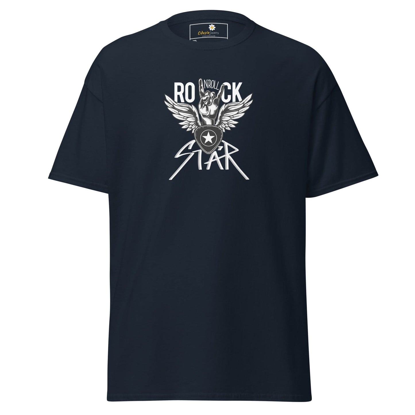 Dark blue T-shirt featuring a Rock Star graphic for men and women in plus sizes