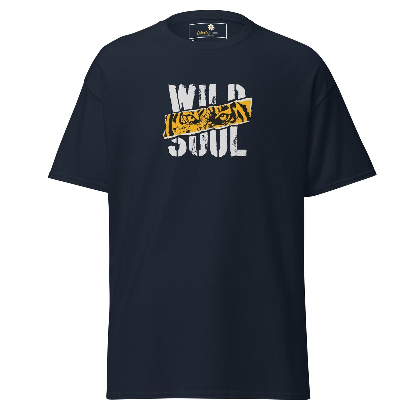 Navy blue t-shirt with ’Wild Soul’ graphic.