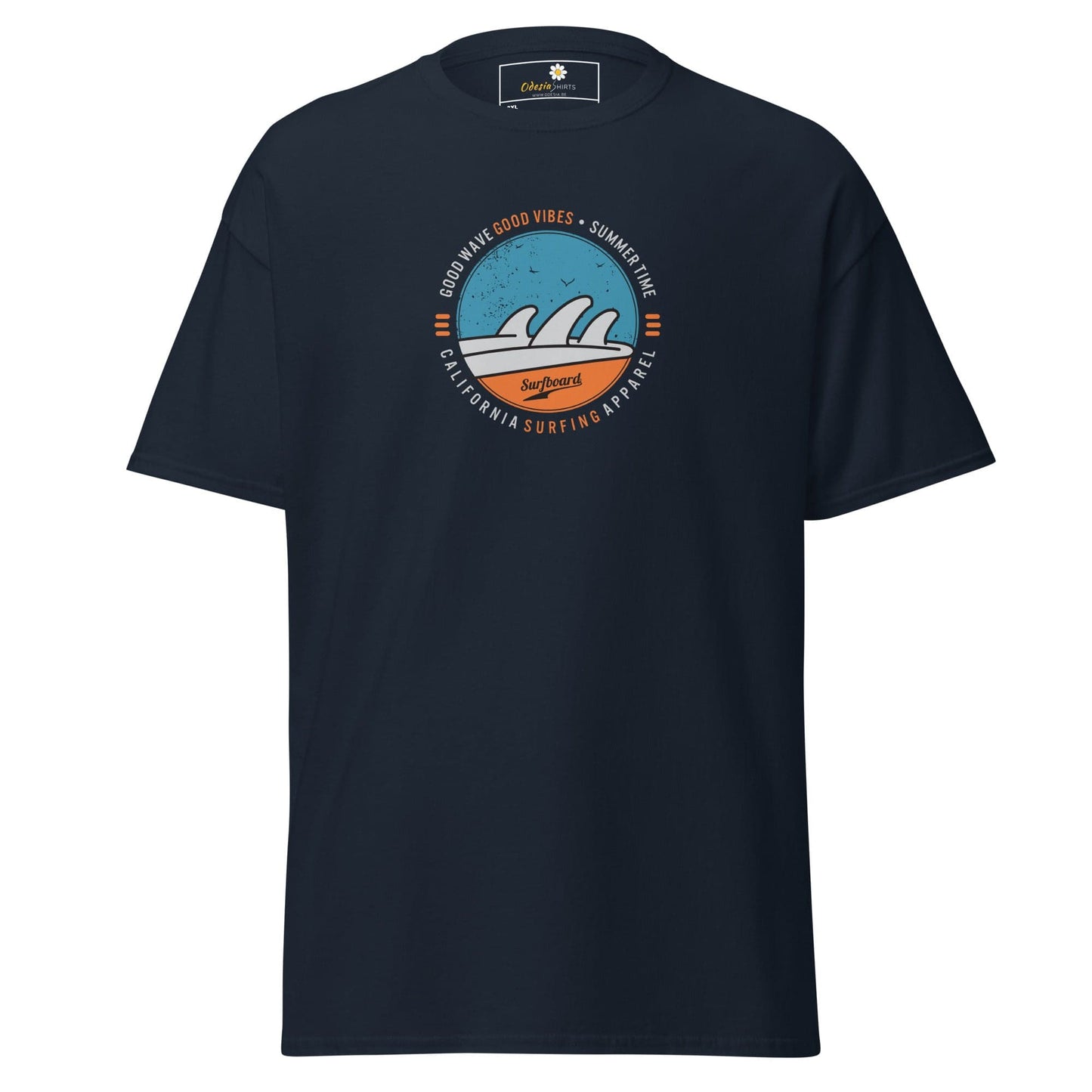 Navy blue t-shirt with a circular surfing graphic.