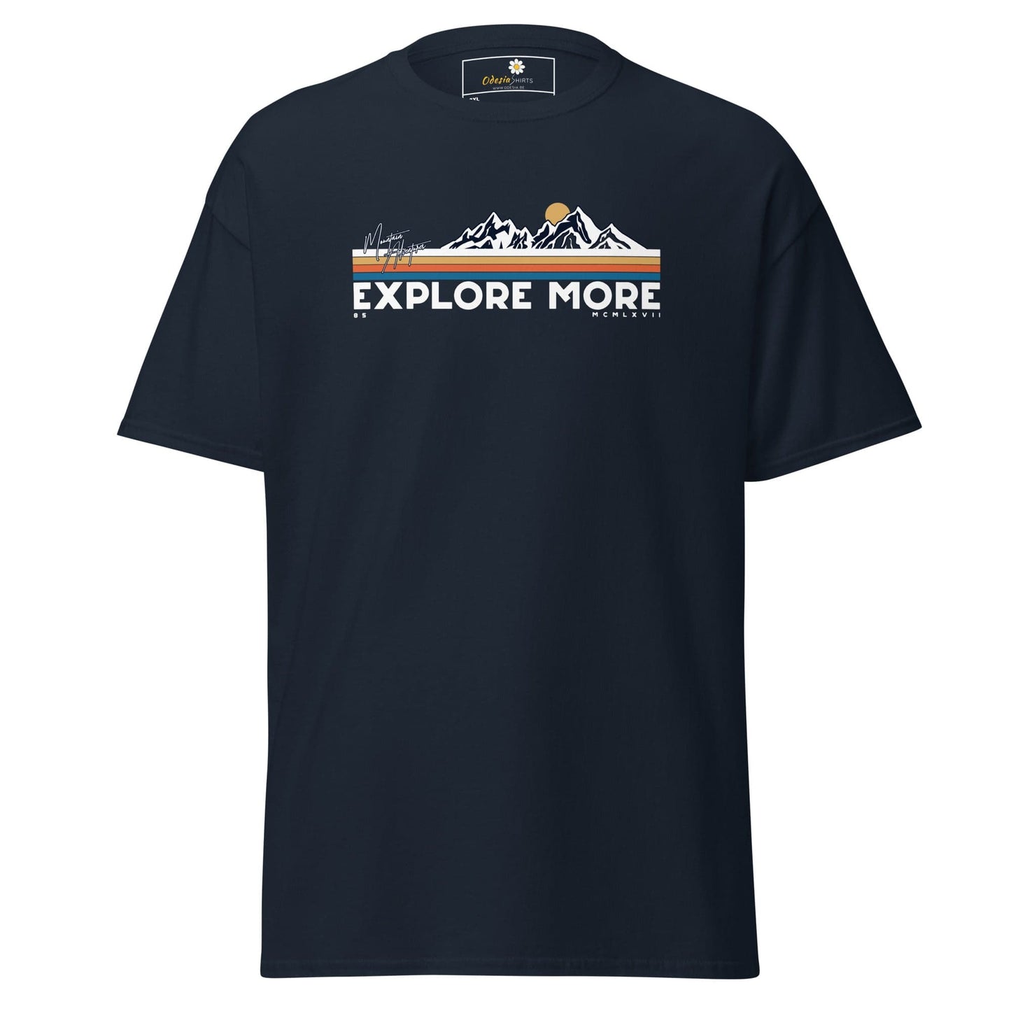 Navy blue t-shirt with mountain graphic.