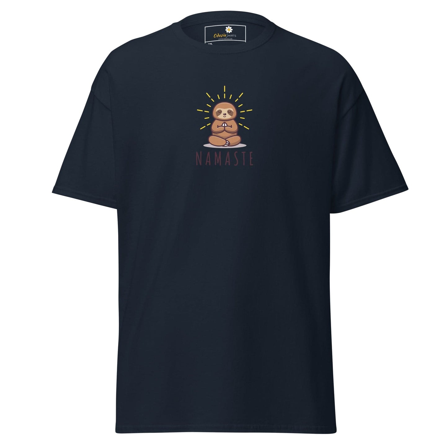 Navy blue t-shirt with sloth graphic.