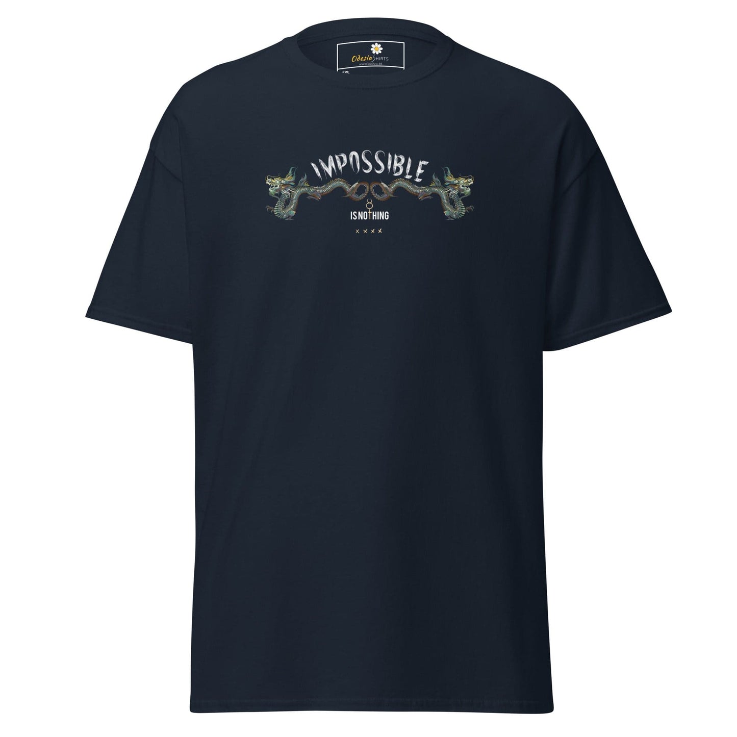 Navy blue t-shirt with dragon graphic.