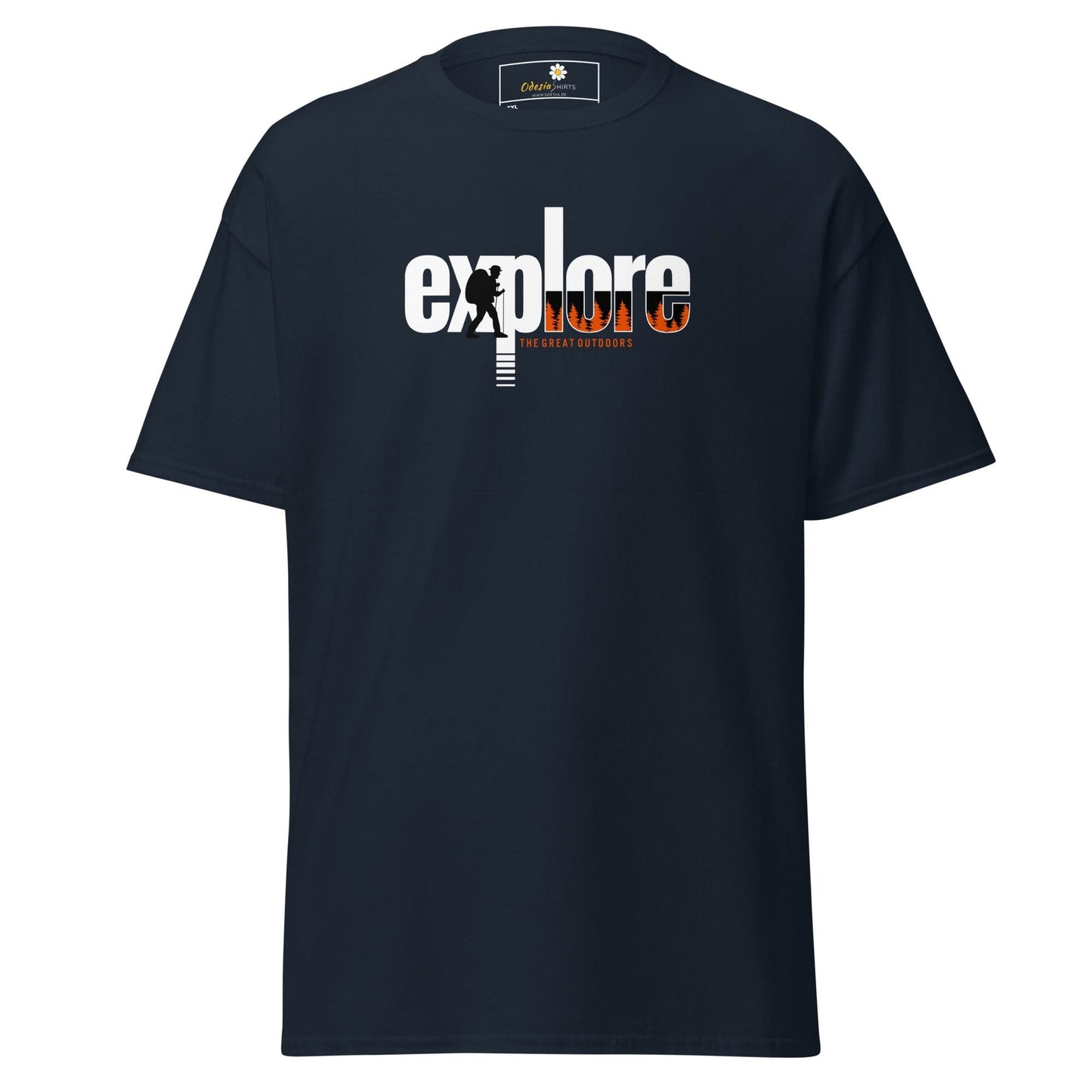 Dark blue t-shirt with ’explore’ graphic.