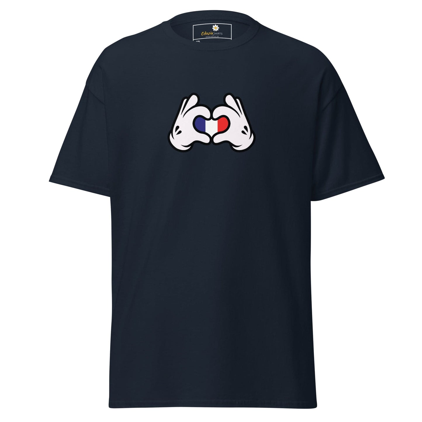 Navy blue t-shirt with cartoon hands forming a heart with the French flag.