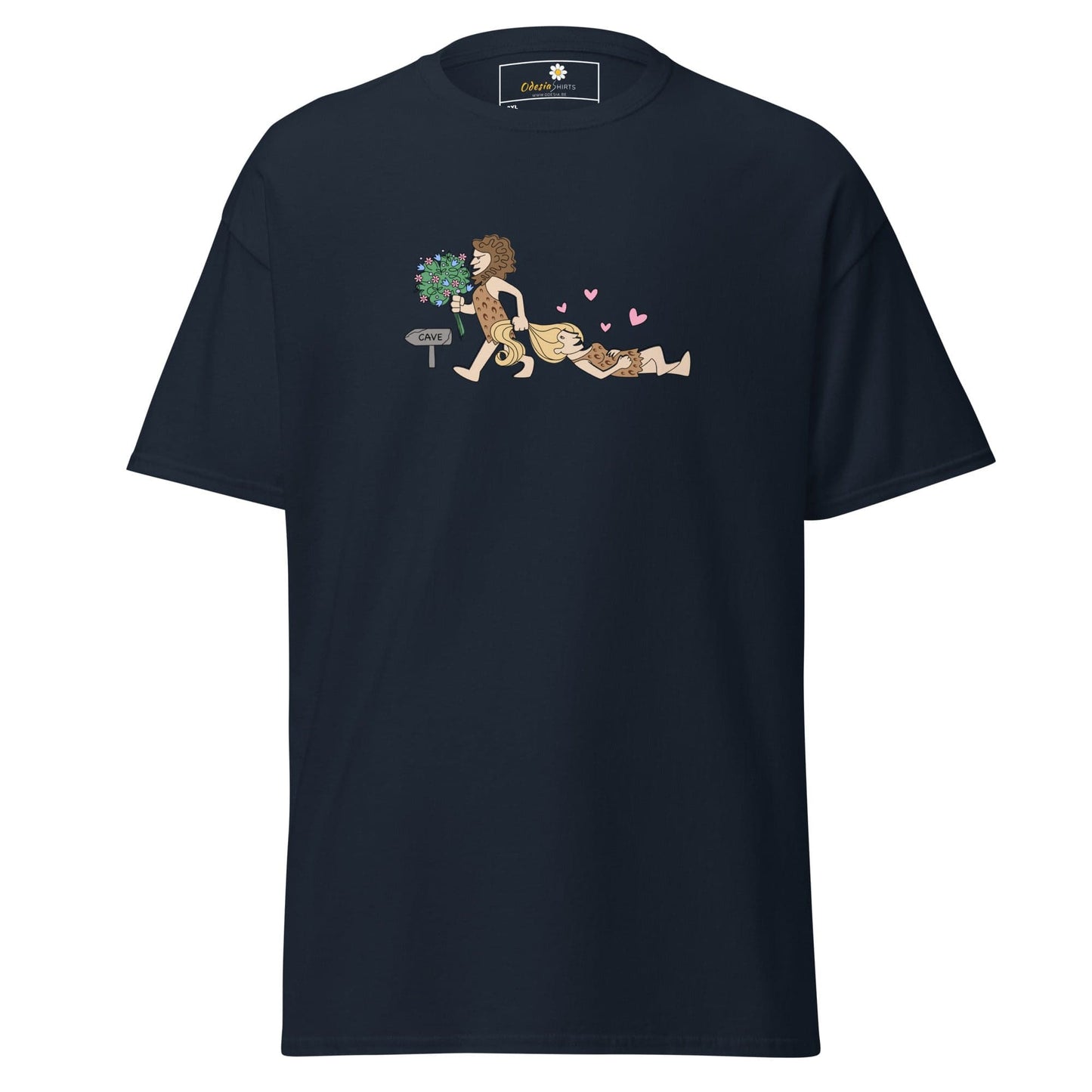 Navy blue T-shirt with caveman graphic for men and women in sizes 2XL to 5XL