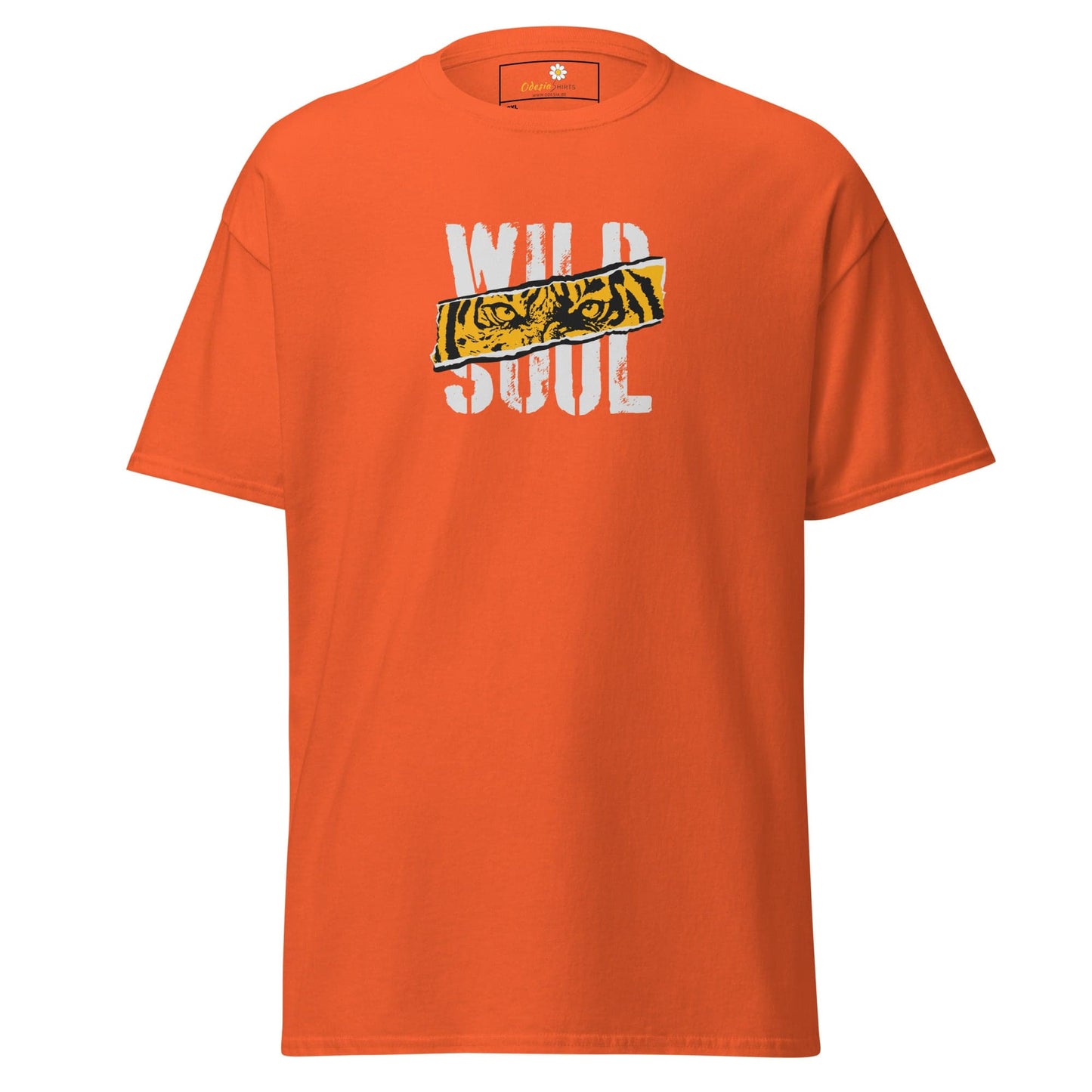 Orange t-shirt with tiger graphic.