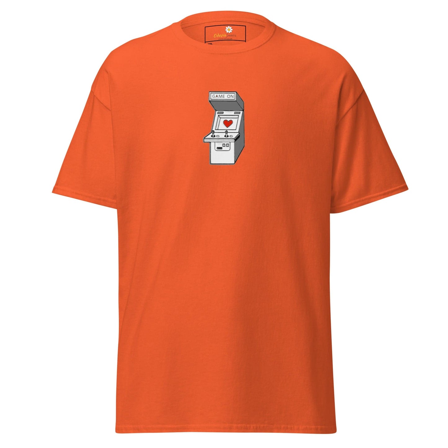 Orange T-shirt with arcade game graphic for men and women in 2XL to 5XL sizes