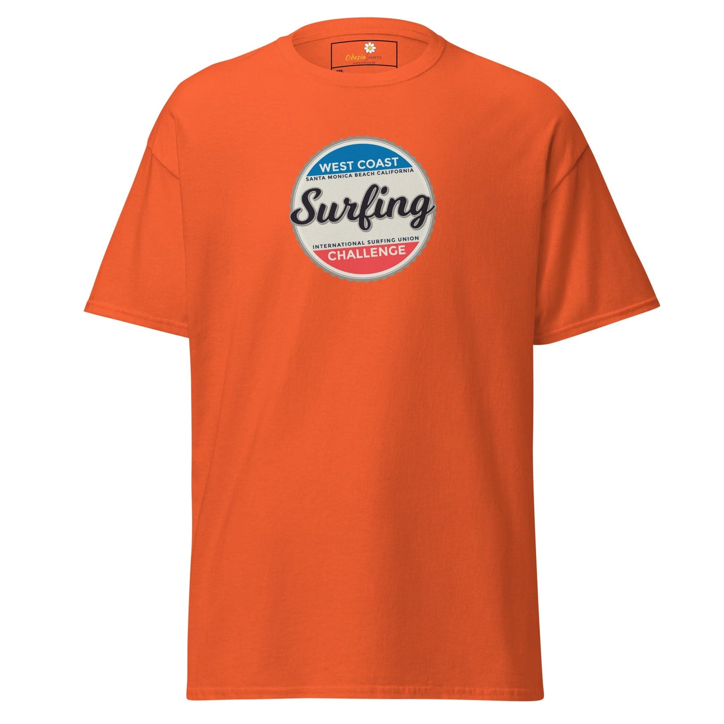 Orange t-shirt with surfing design.