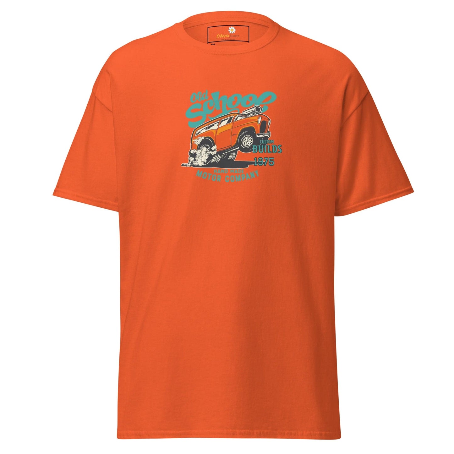 Orange graphic tee.